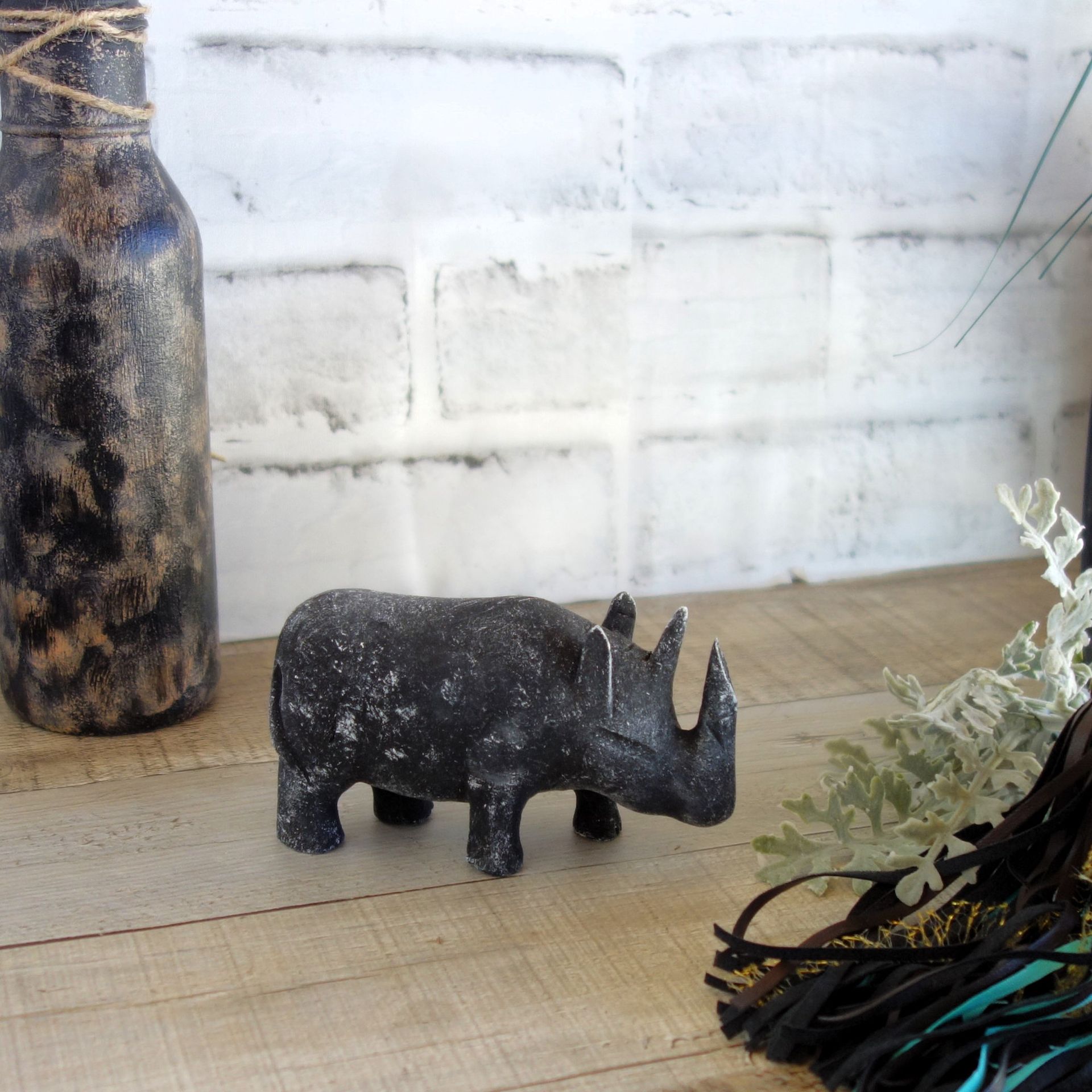 Black Rhino Safari Big Game Decor African Decor Rhinoceros Hand Carved Baby Rino 3 