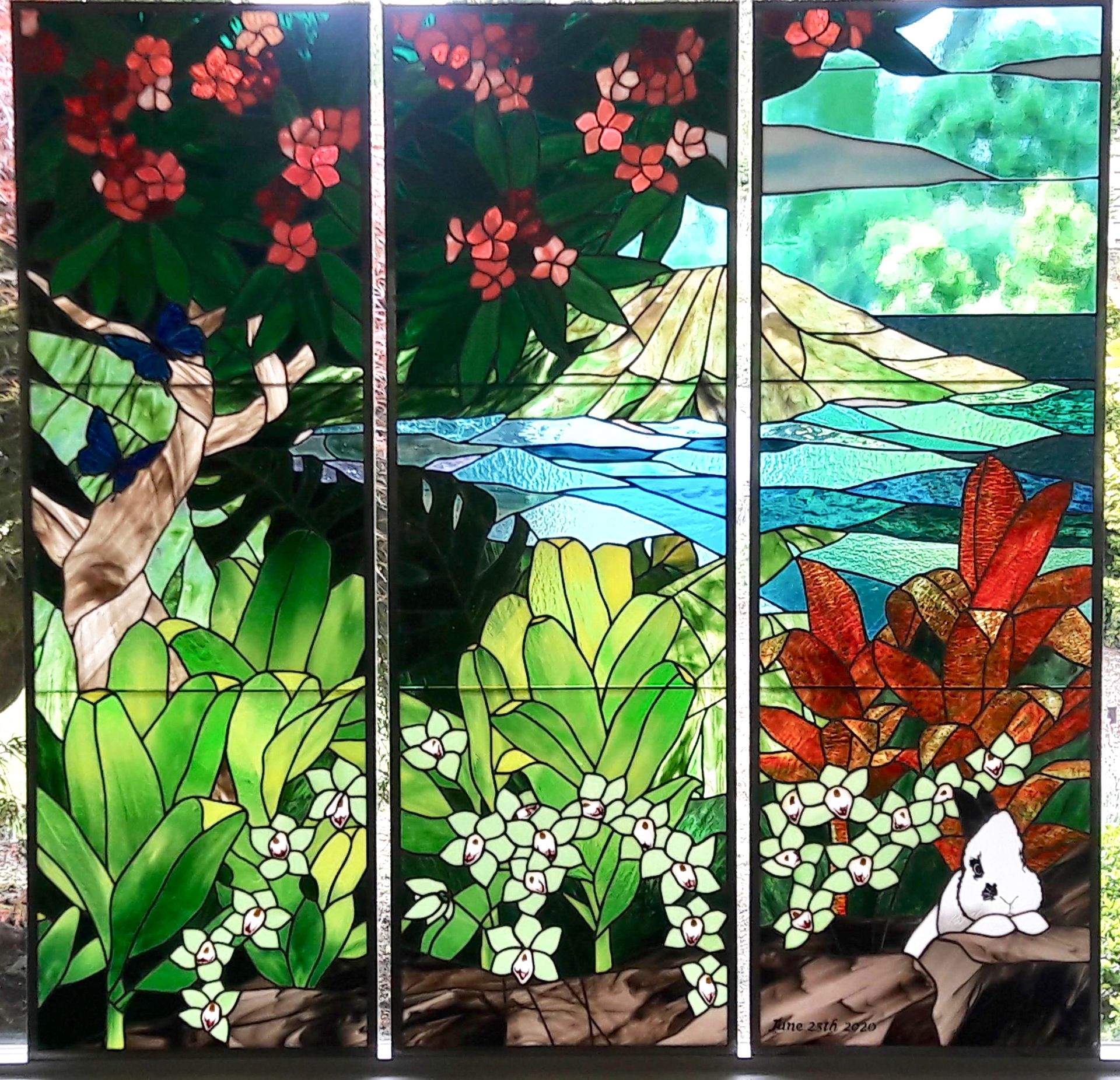 Tropical Stained Glass Privacy Window Triptych with Fused Glass Elements and Hand Painted Details - Room With A View 1 