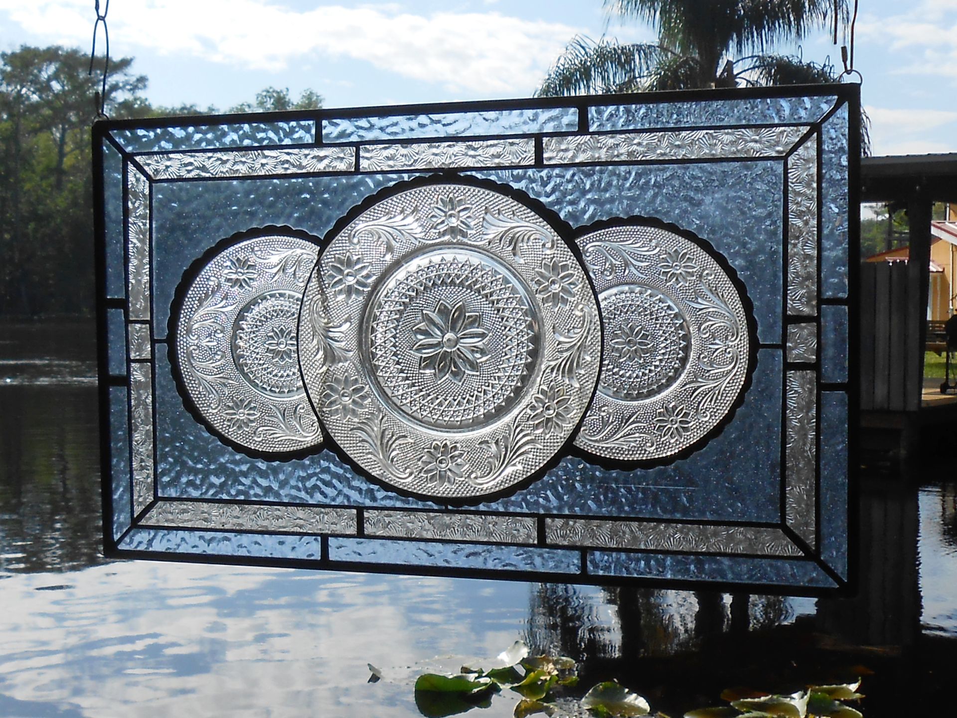 Vintage Look Traditional Stained Glass Transom Window, Tiara Sandwich Glass Plate Panel 3 