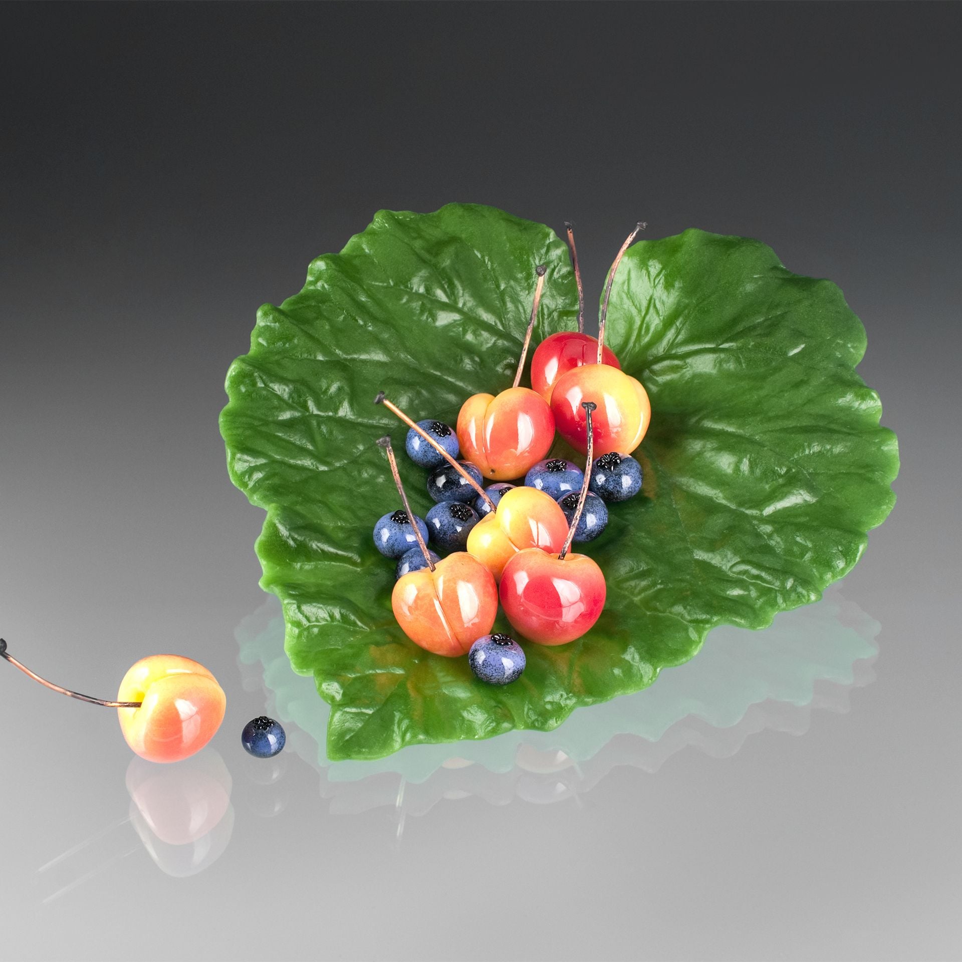 Lead Crystal Rhubarb Leaf, Pate de Verre, With Hand Blown Glass Berrry Sculptures 3 