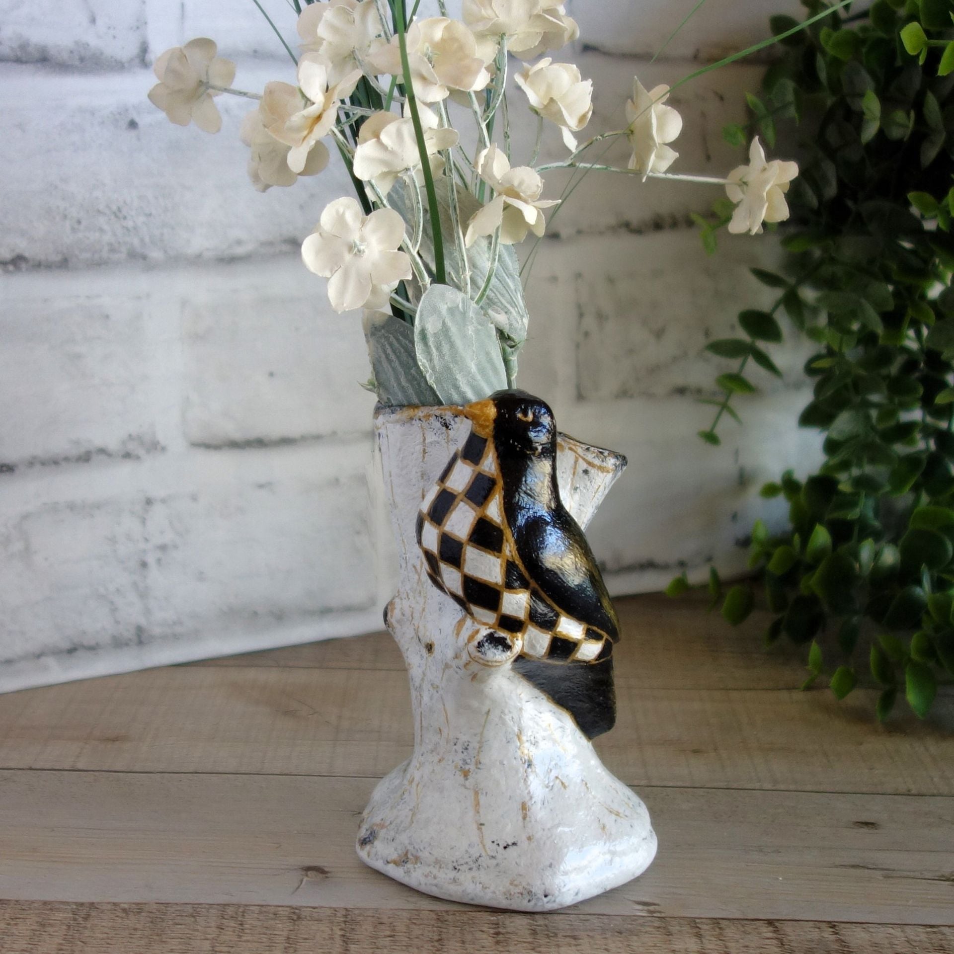 Black Checks Song Bird Figurine Bud Vase Black And White Decor Checked Vase 4 