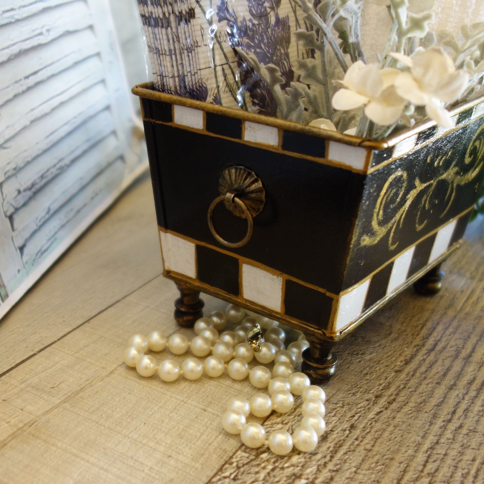 Courtly Towel Caddy Black And White Check Vanity Storage Bin 2 