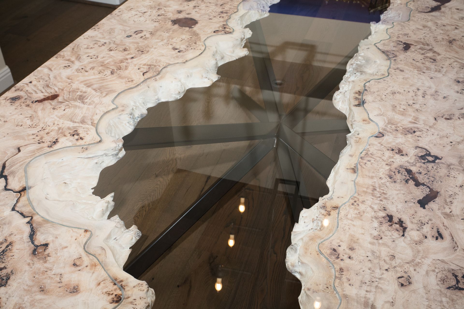 4x9ft French Mappa Burl Live Edge Glass Inlay River Dining Table 2 