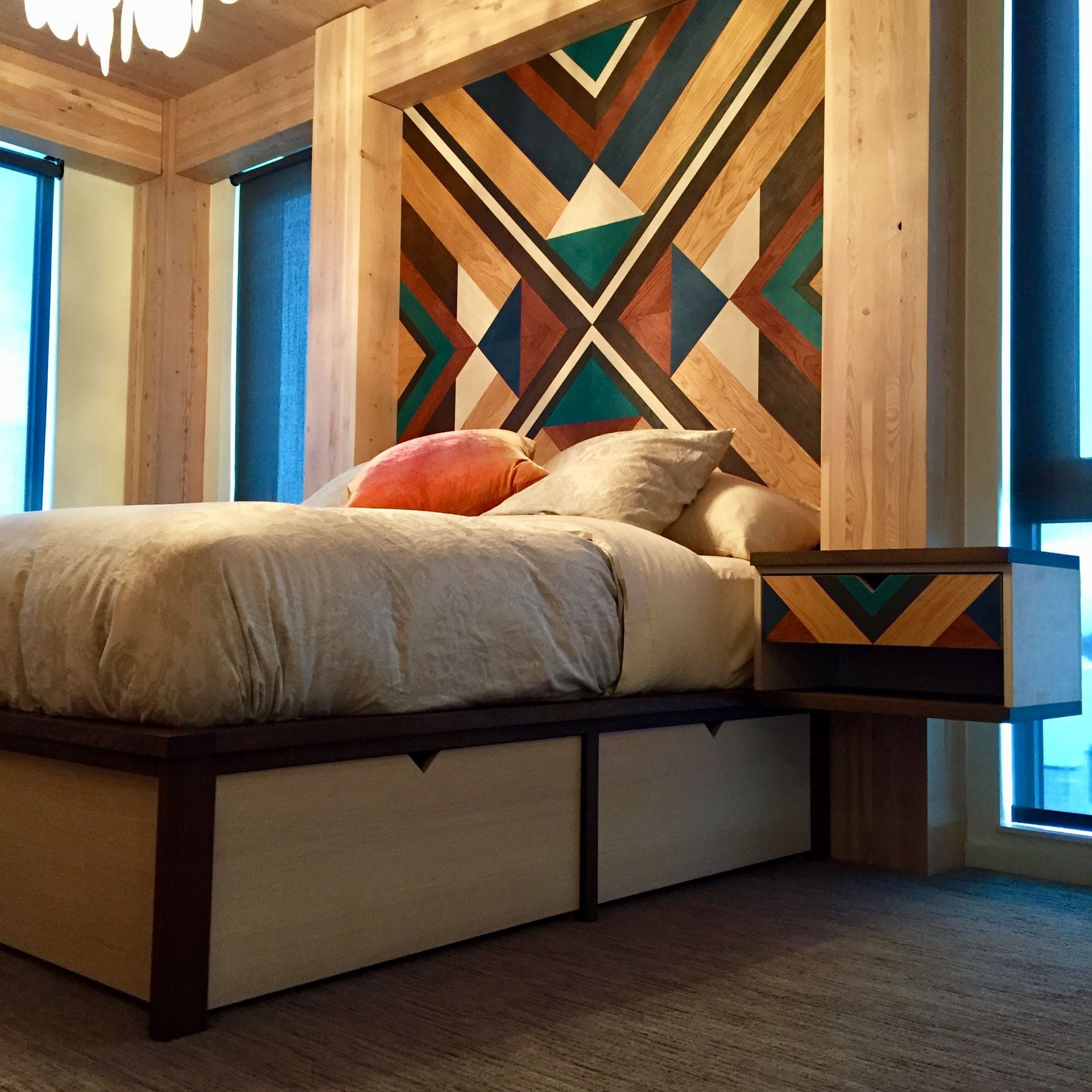 Platform Bed, Geometric Headboard And Nightstands