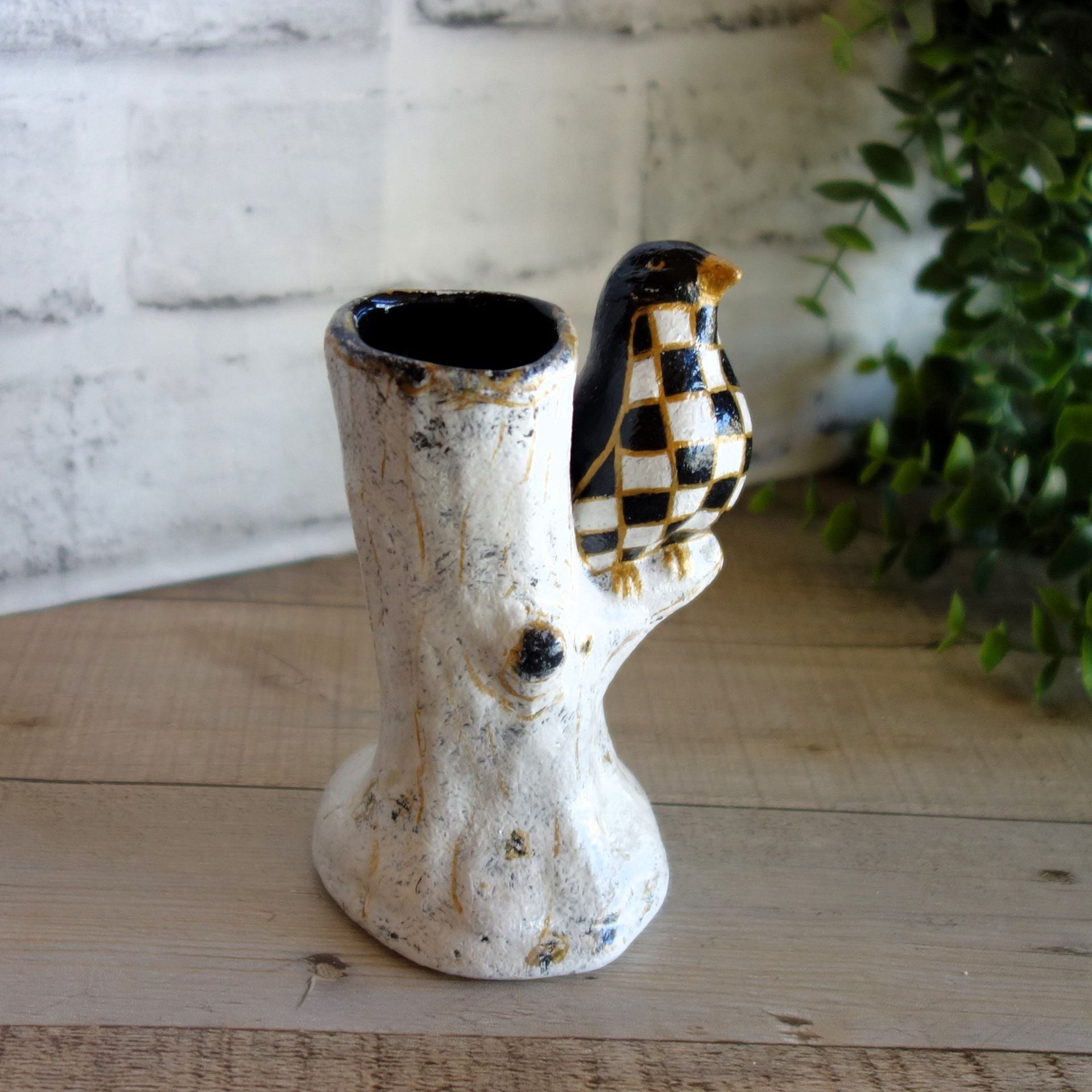 Black Checks Song Bird Figurine Bud Vase Black And White Decor Checked Vase 6 