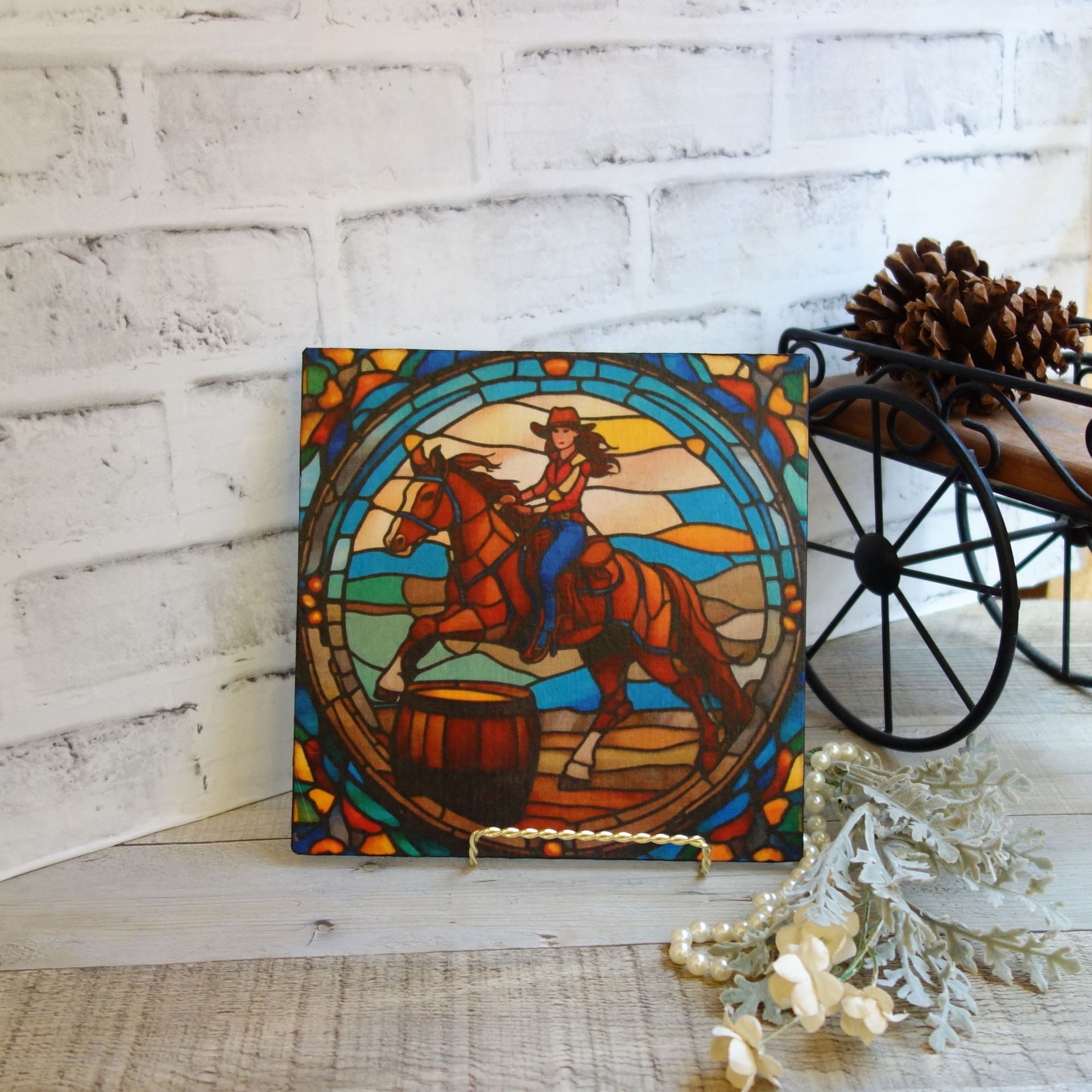 Barrel Racing Horse Cowgirl Picture Stained Glass Style Mural Rodeo Picture 4 