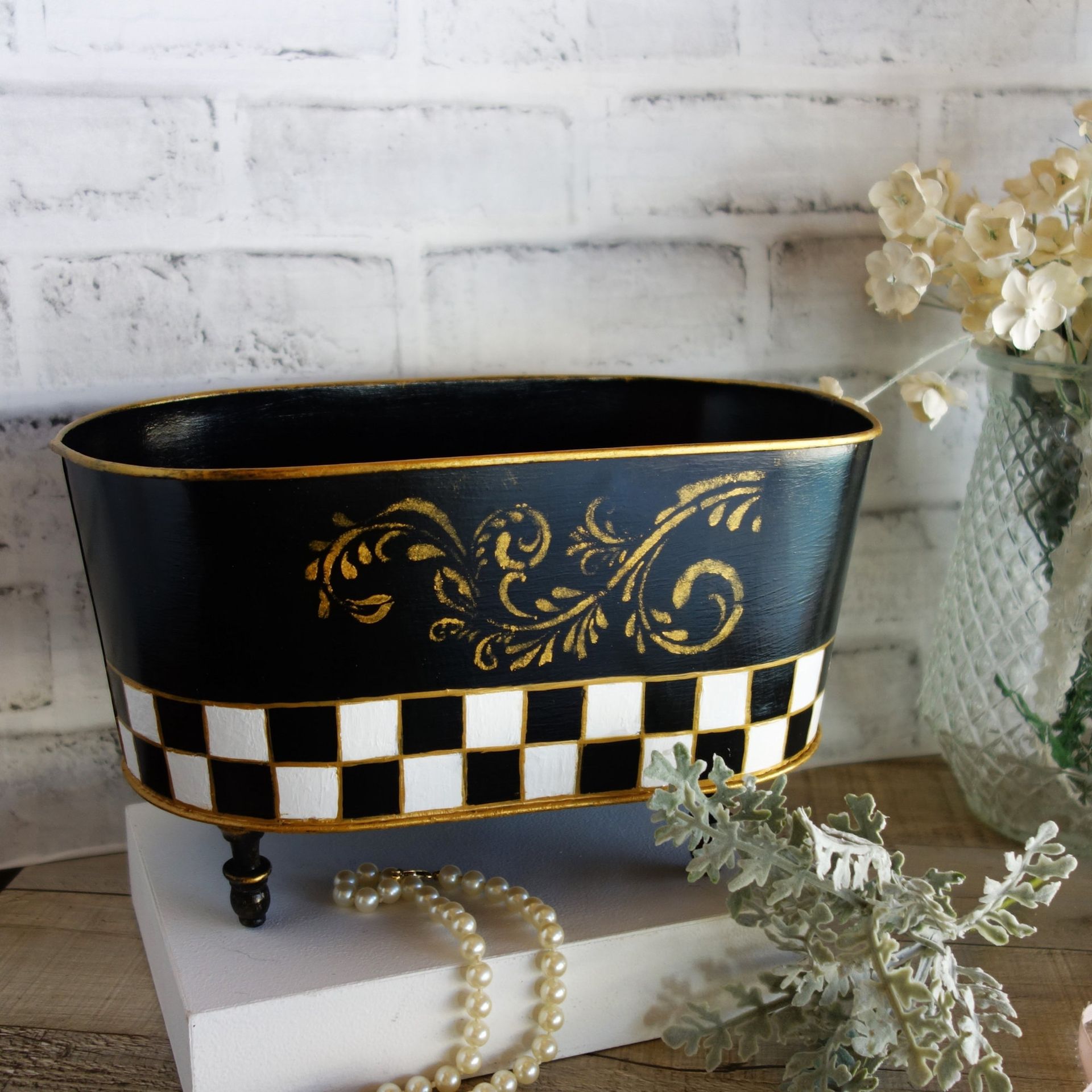 Vintage Check Towel Caddy Holder Black And White Check Towel Basket 2 