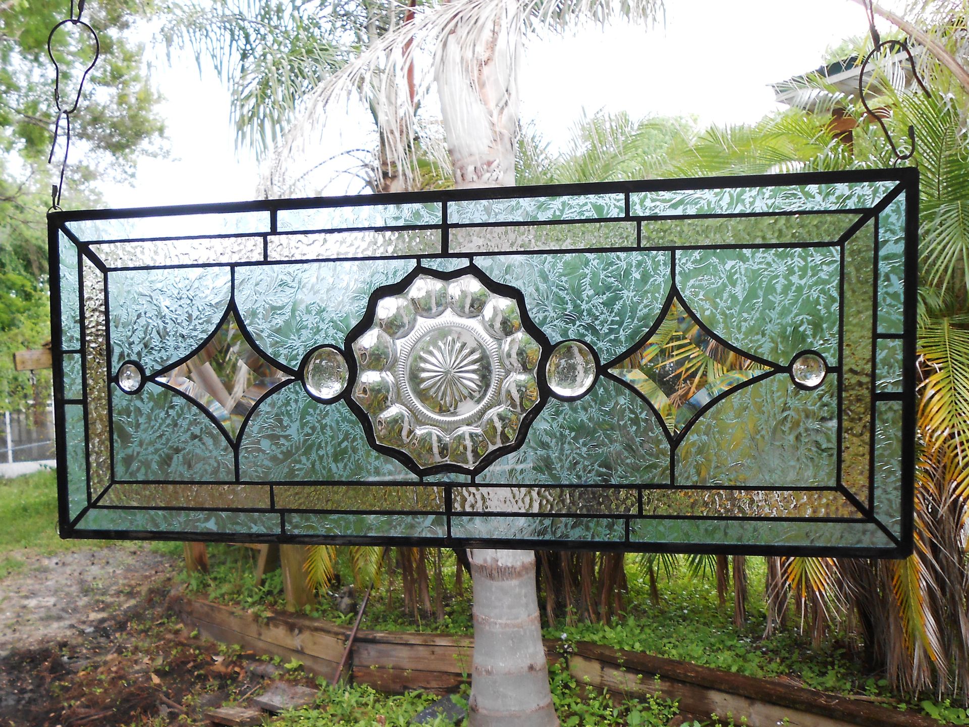 1930s Heisey Depression Glass Stained Glass Panel, Vintage Window Transom W Peerless Plate