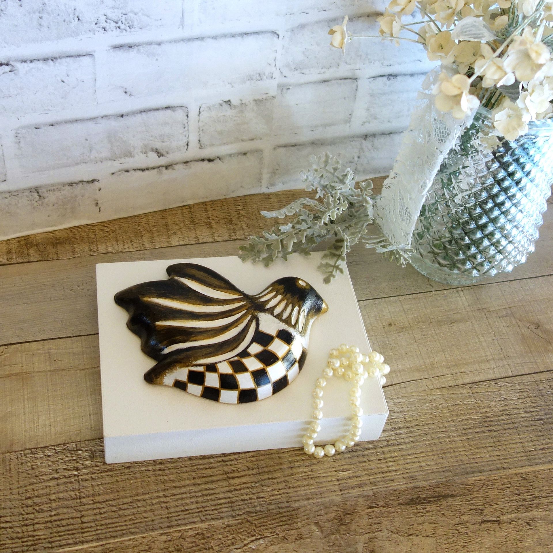 Black And White Check Decor Black Checked Songbird Jewelry Dish 4 