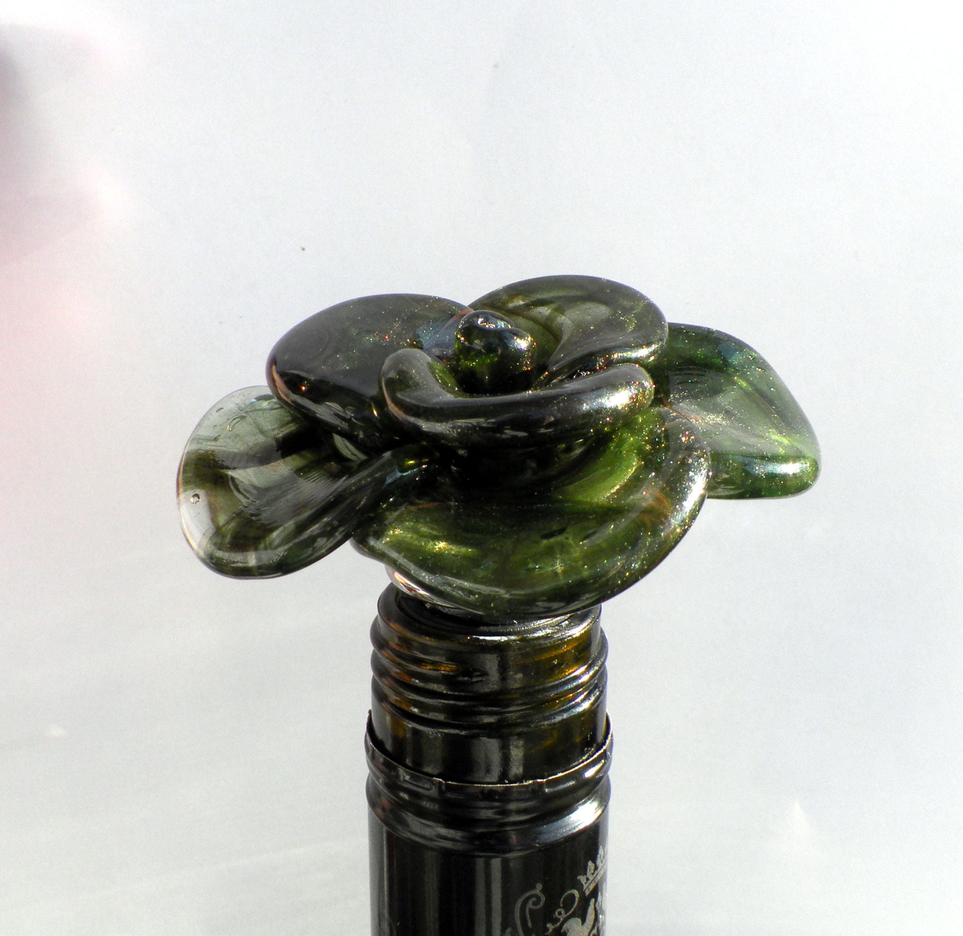 Wine Bottle Stopper Glass Rose Green, Hand Blown Rose, Lampwork Sra Rose, Flower Stainless Steel 2