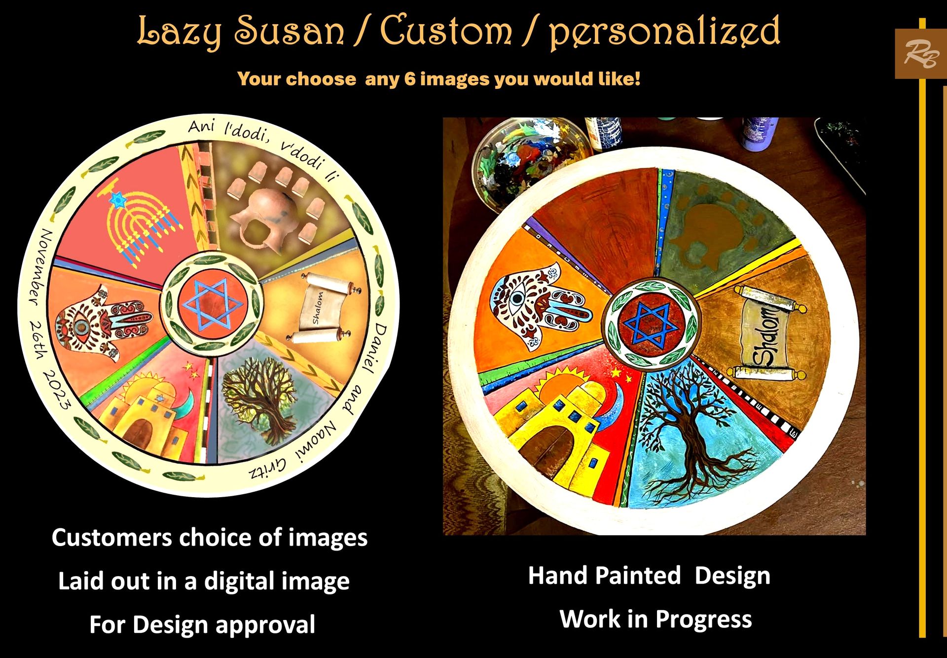Lazy Susan, personalized, custom, Five year, wood anniversary, gift, wedding gift, couples gift, Painted With Images Of Your Choice 5