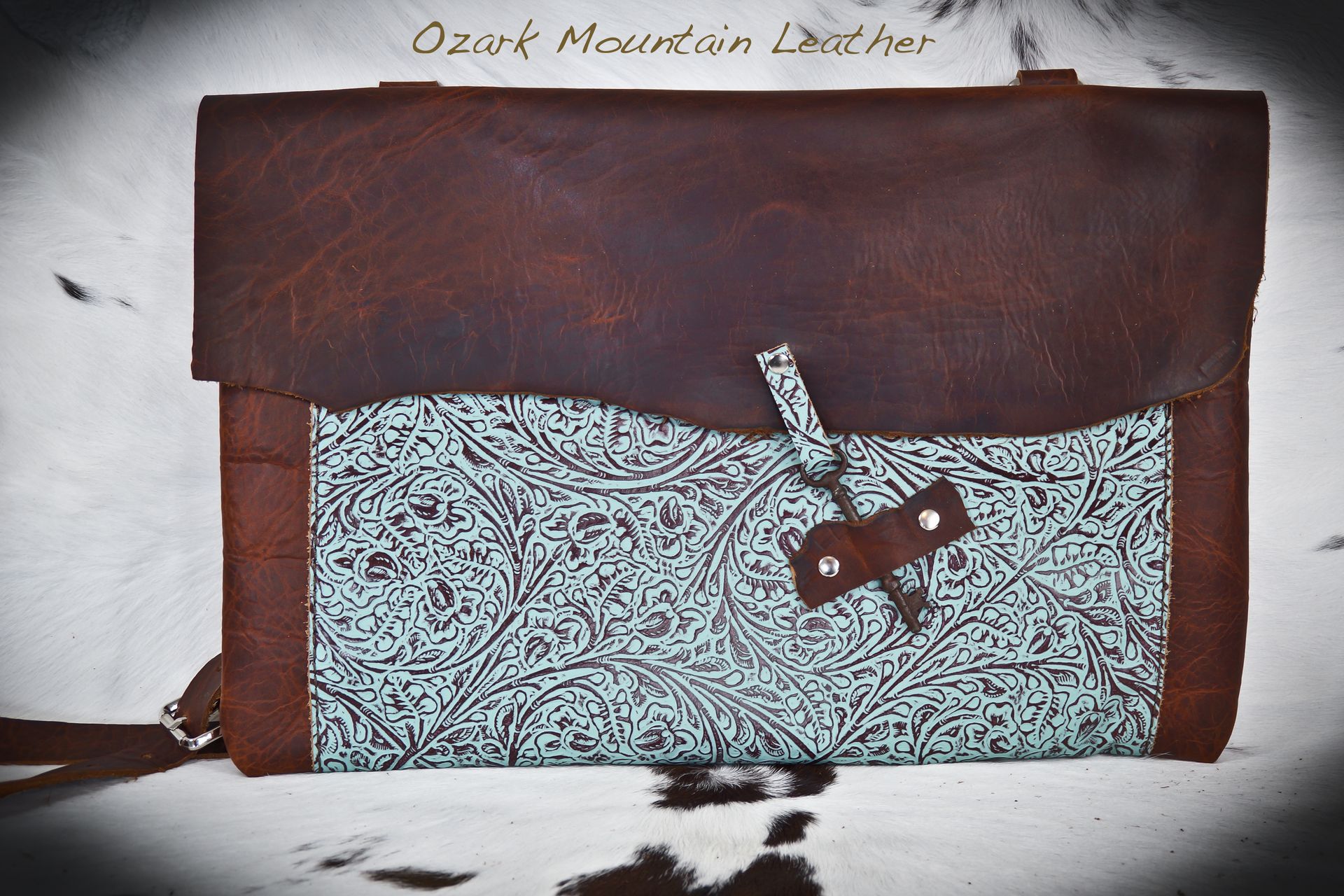 Bison And Turquoise Leather Messenger/Computer Bag With Vintage Key Closure 2 