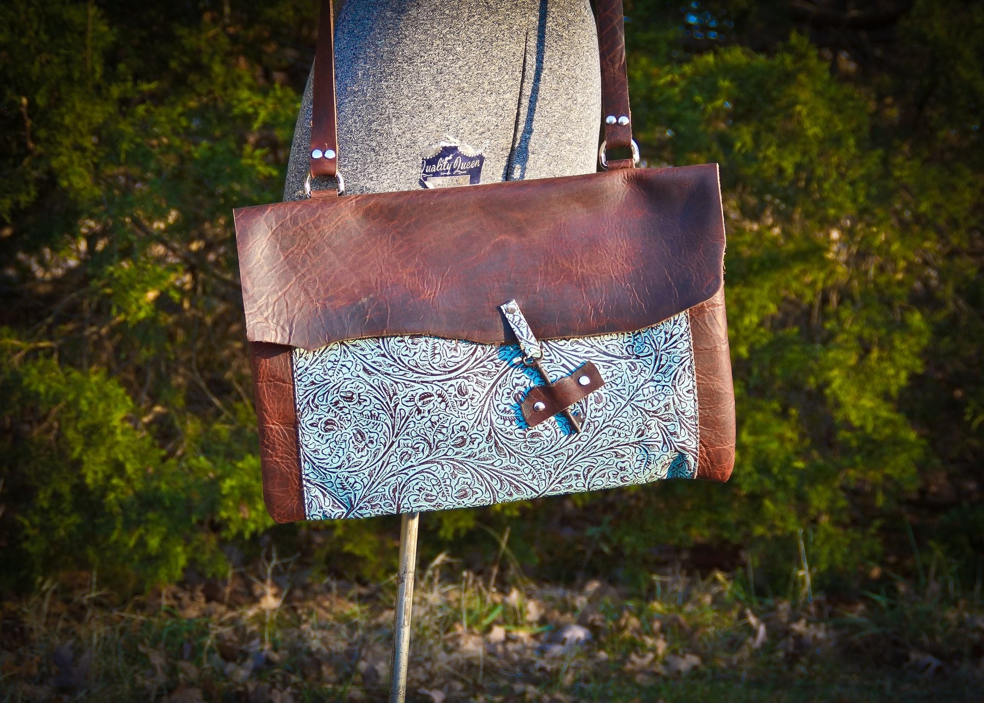 Bison And Turquoise Leather Messenger/Computer Bag With Vintage Key Closure