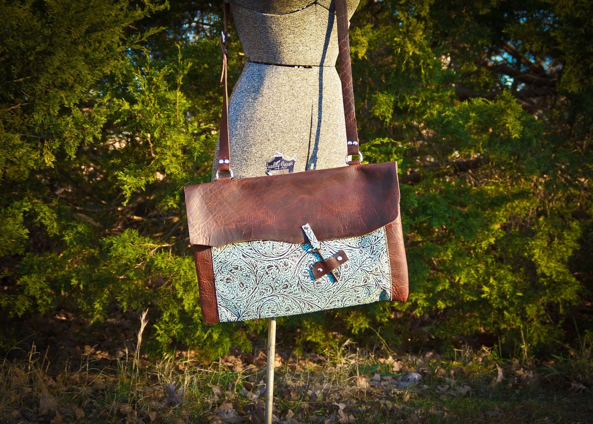 Bison And Turquoise Leather Messenger/Computer Bag With Vintage Key Closure 5 