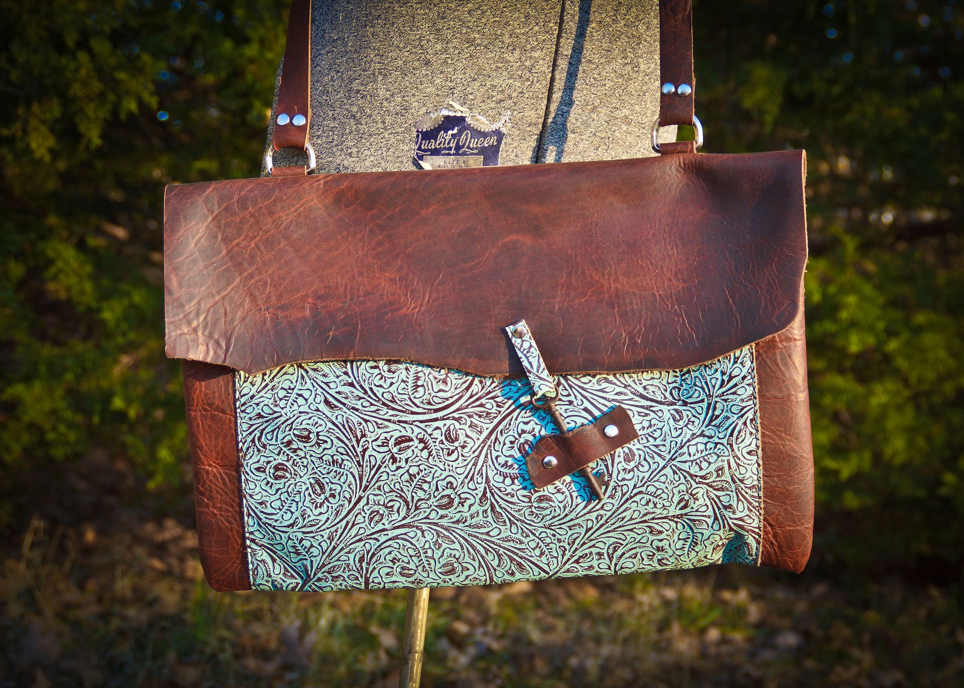 Bison And Turquoise Leather Messenger/Computer Bag With Vintage Key Closure 6 