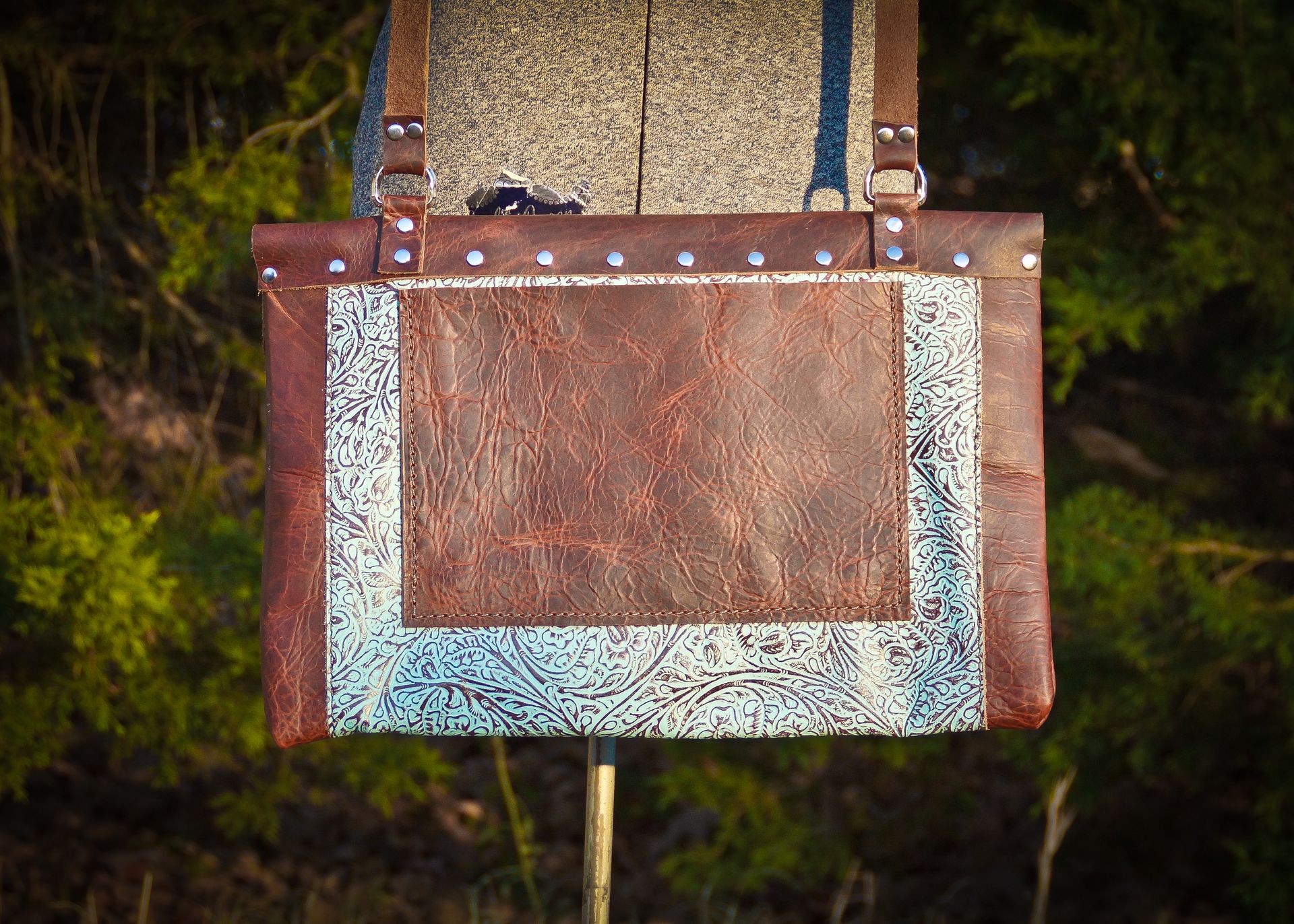 Bison And Turquoise Leather Messenger/Computer Bag With Vintage Key Closure 3 