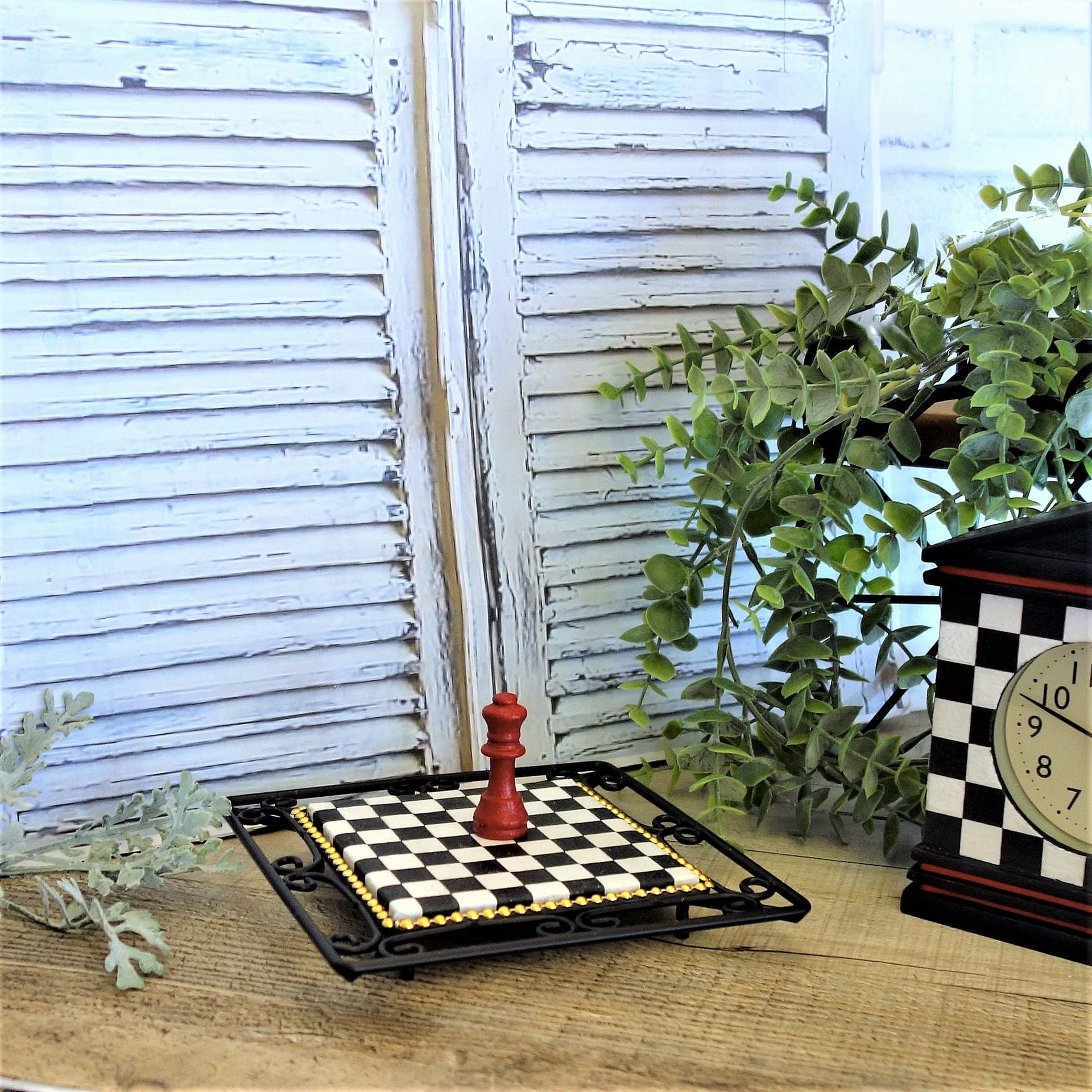 Whimsical Check Riser Small Checkerboard Wrought Iron Riser Chessboard Riser 2 
