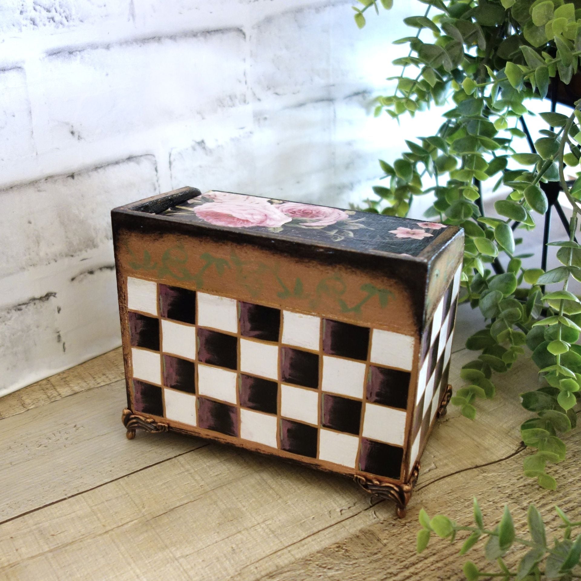 Hand Painted Whimsy Checks Pink Rose Decor Keepsake Box 2 