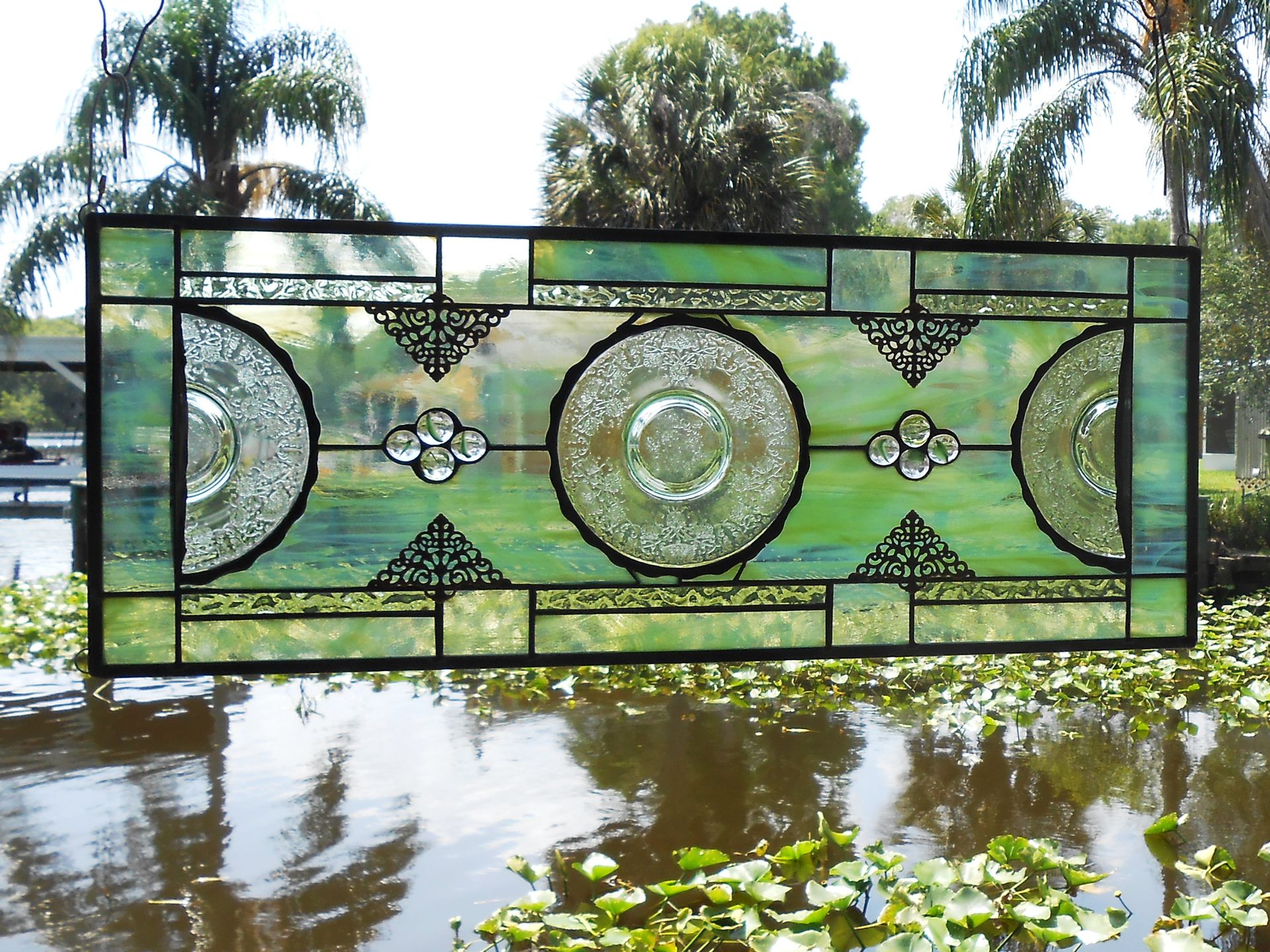 Antique Stained Glass Transom Window, Vintage Window Valance, Recycled Glass