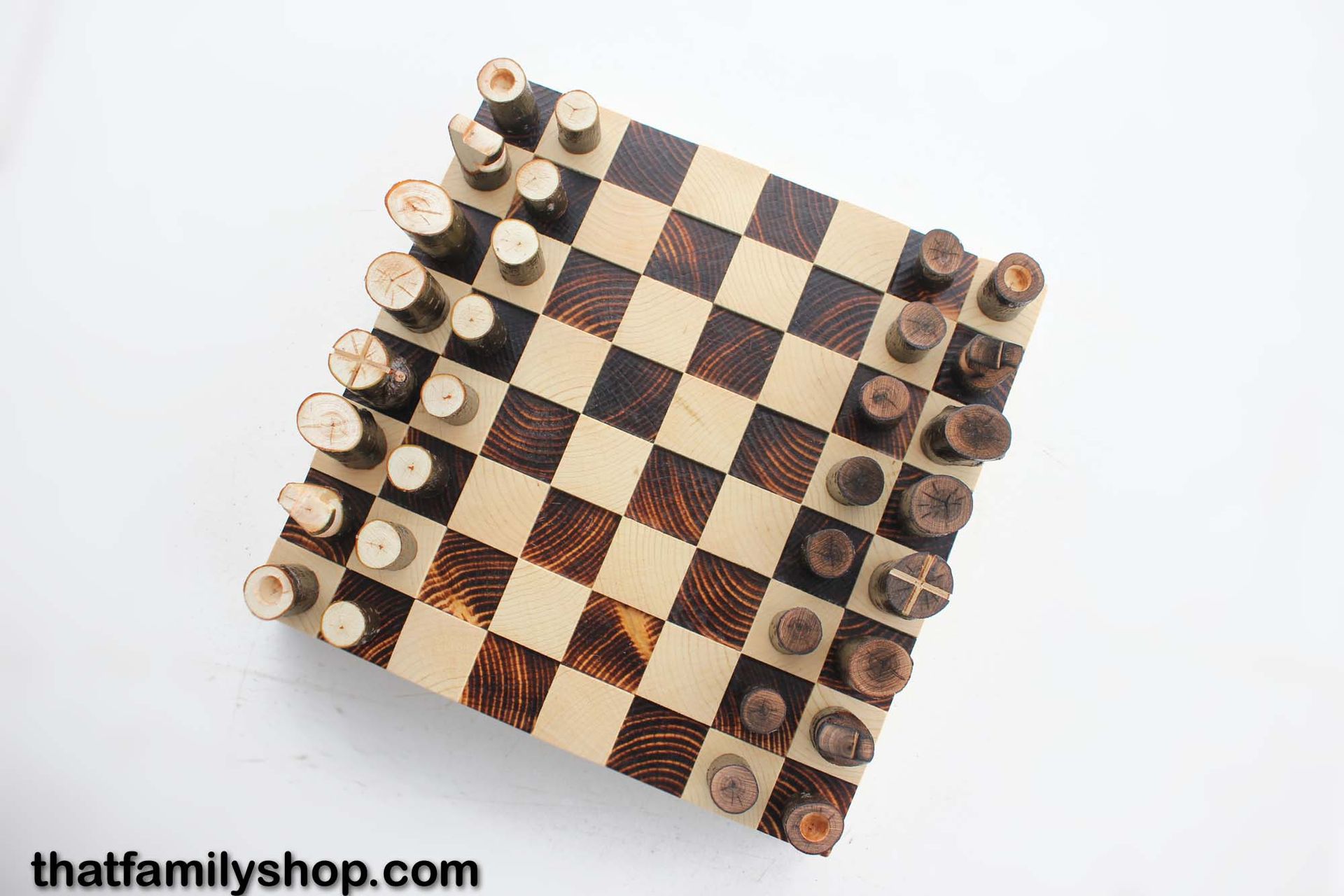 Chess Set With Torched Board And Tree Pieces 6