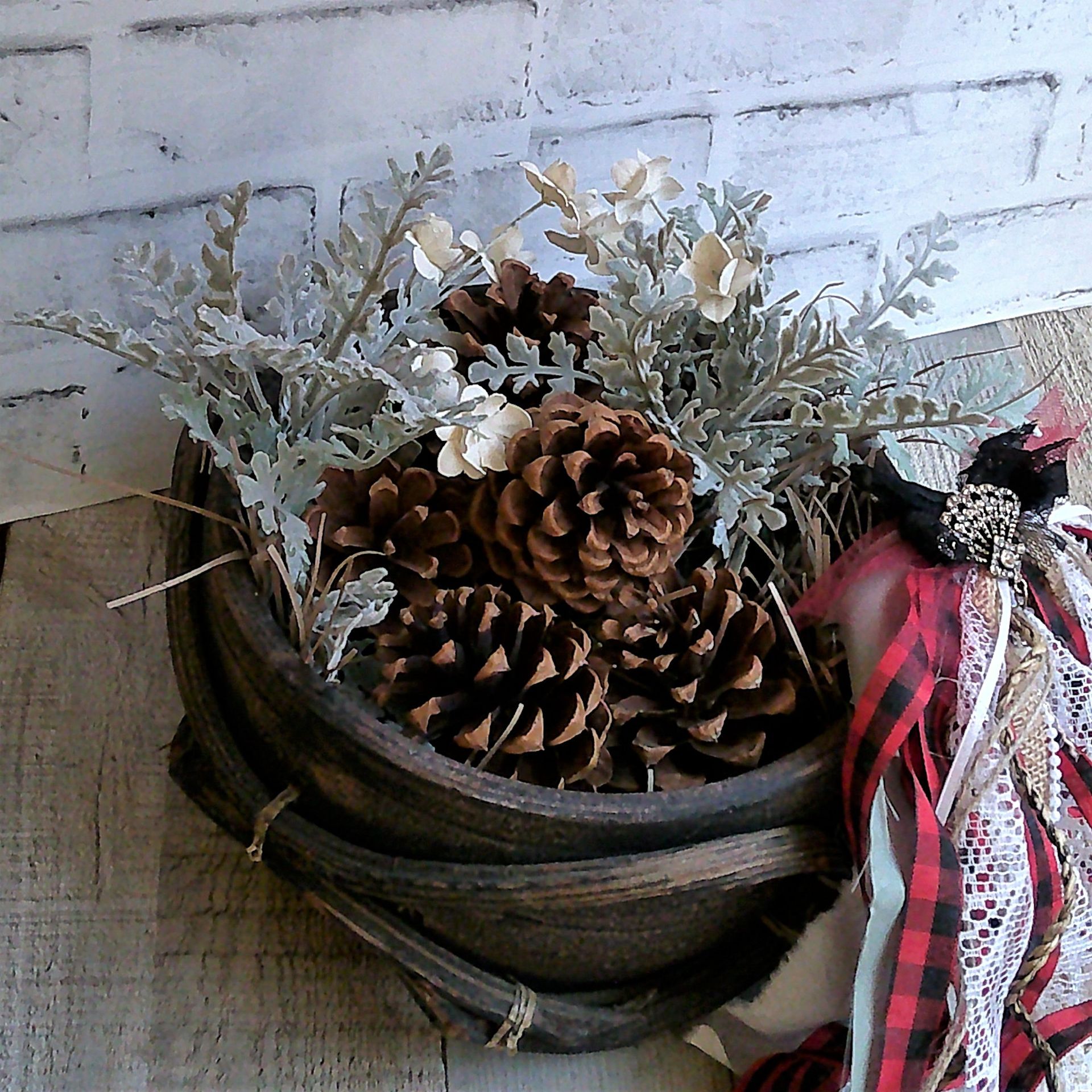 Rustic Bowl Handmade Primitive Bowl Pine Cone Arrangement Woodland Cabin Decor 2 