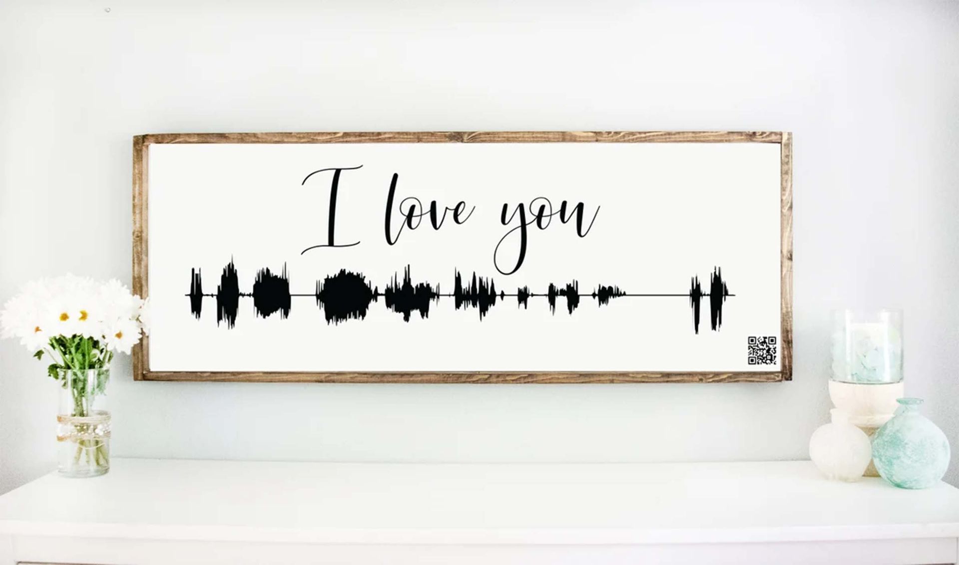 Personalized Soundwave With Qr Code Framed Wood Sign, Custom Voice Recording Art