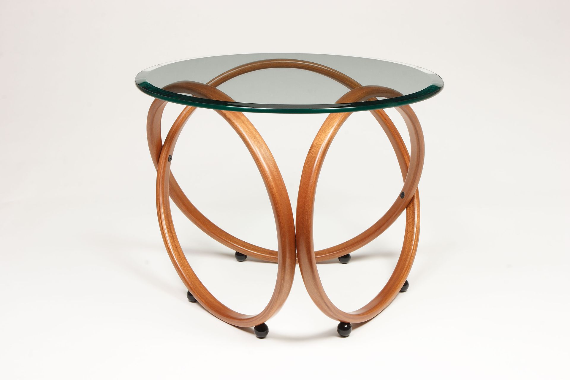 Modern Round Glass Top Mahagany Or Alder Infinity Accent / End / Side Table