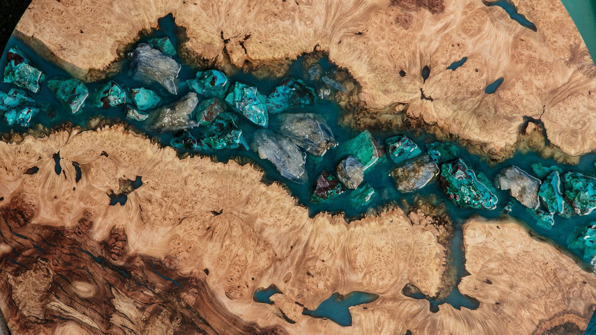 42" Maple Burl Resin River Art With Chrysocolla & Kyanite Teal Stone Inlay 2 