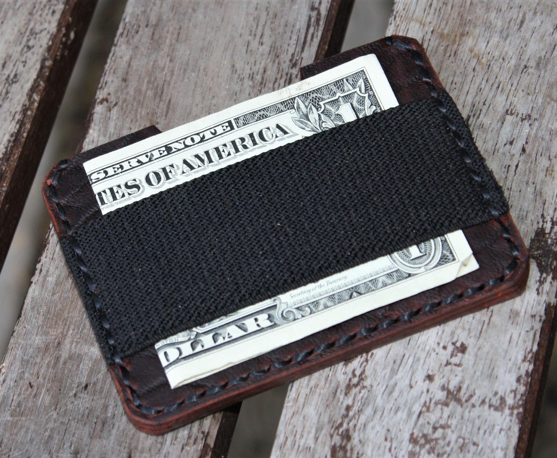Handmade Leather Parvus Wallet Bison Ol'red Folklore W/ Money Band 2
