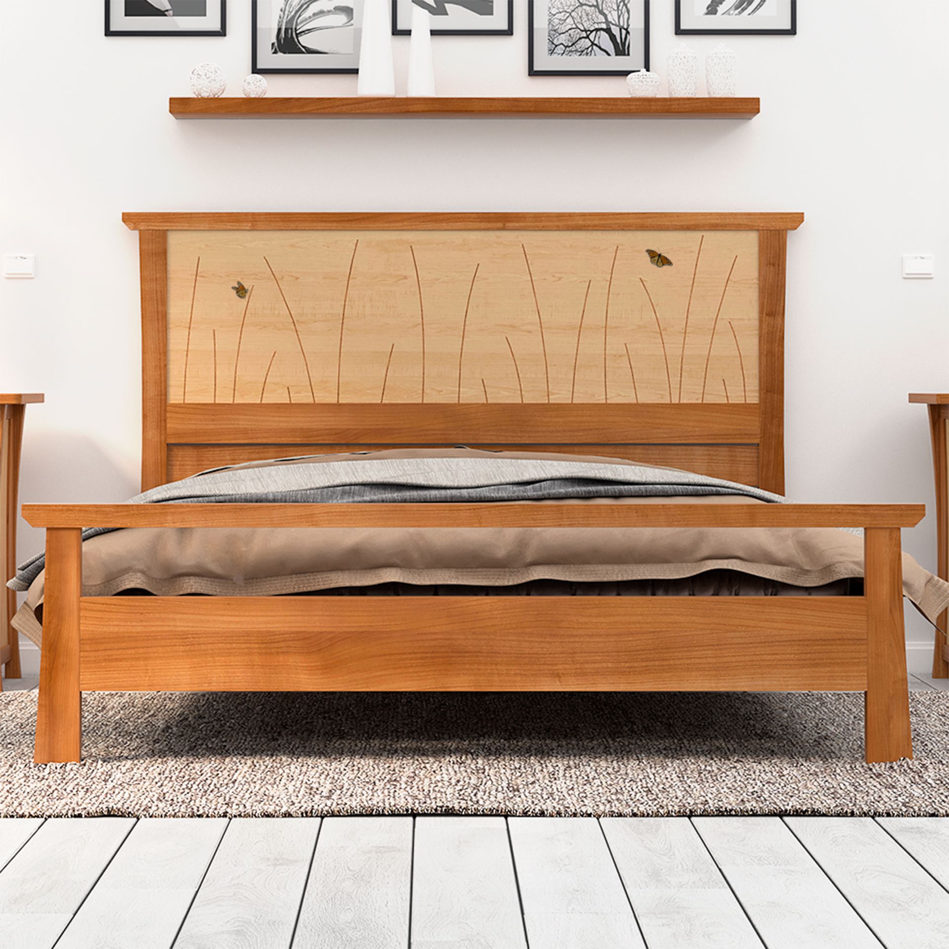 Bed Frame Handmade In Cherry And Maple With Butterfly Inlay, "Butterfly Bed"