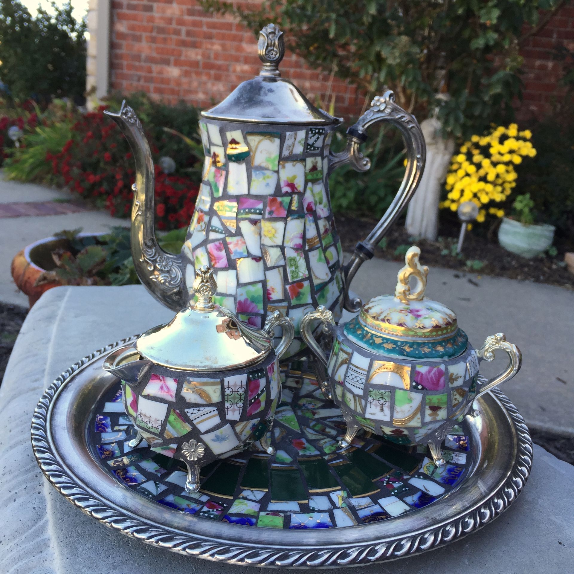 Mosaic Silver Teapot Decorated With Broken China 6 