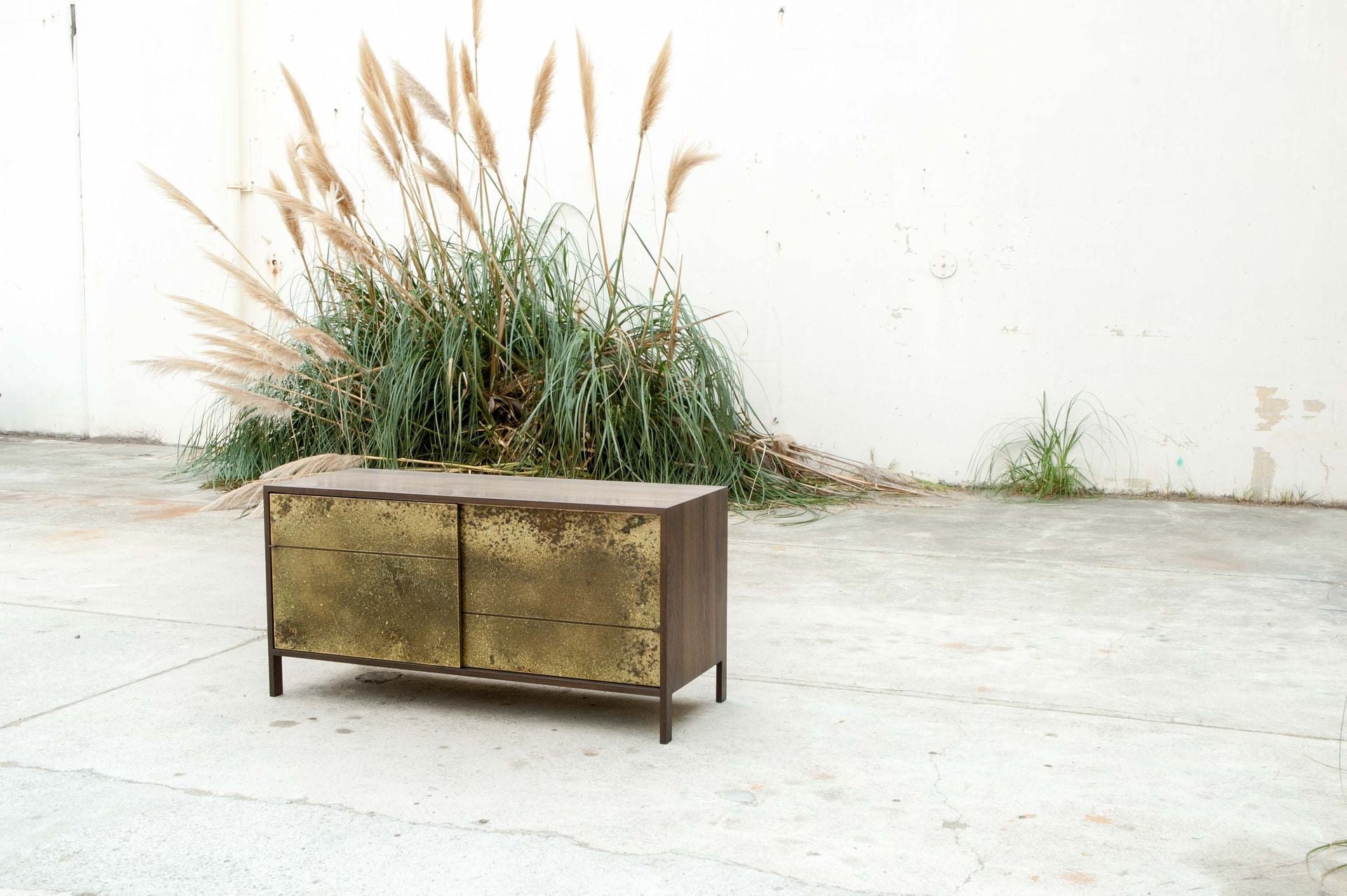 Walnut Credenza With Patinated Brass Doors