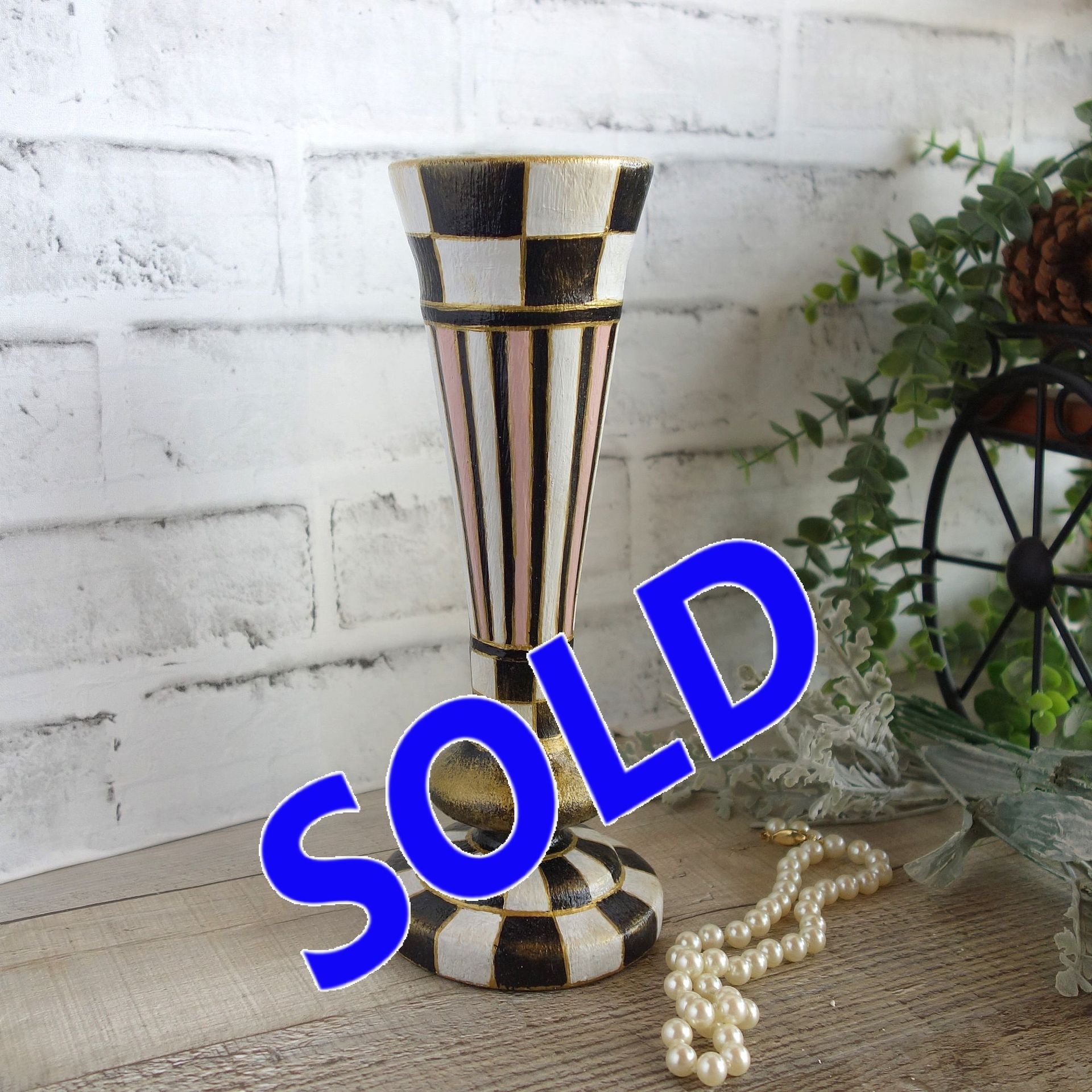 Elegant Checks Vase Hand Painted Black And White Checked Decor Whimsical Vase 1 