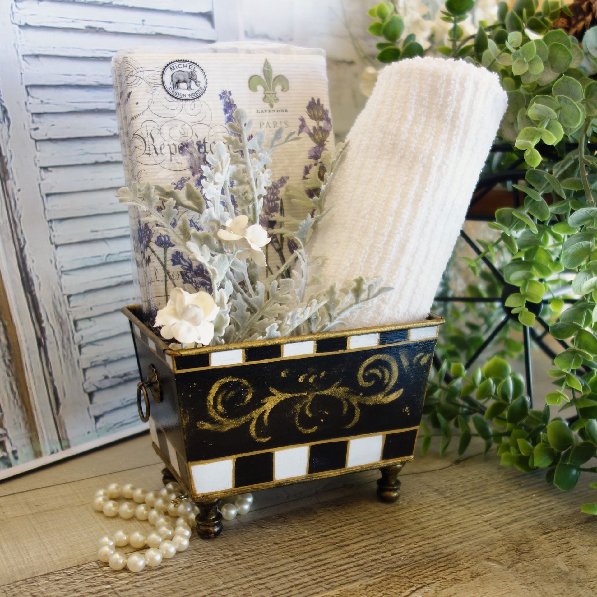 Courtly Towel Caddy Black And White Check Vanity Storage Bin 6 