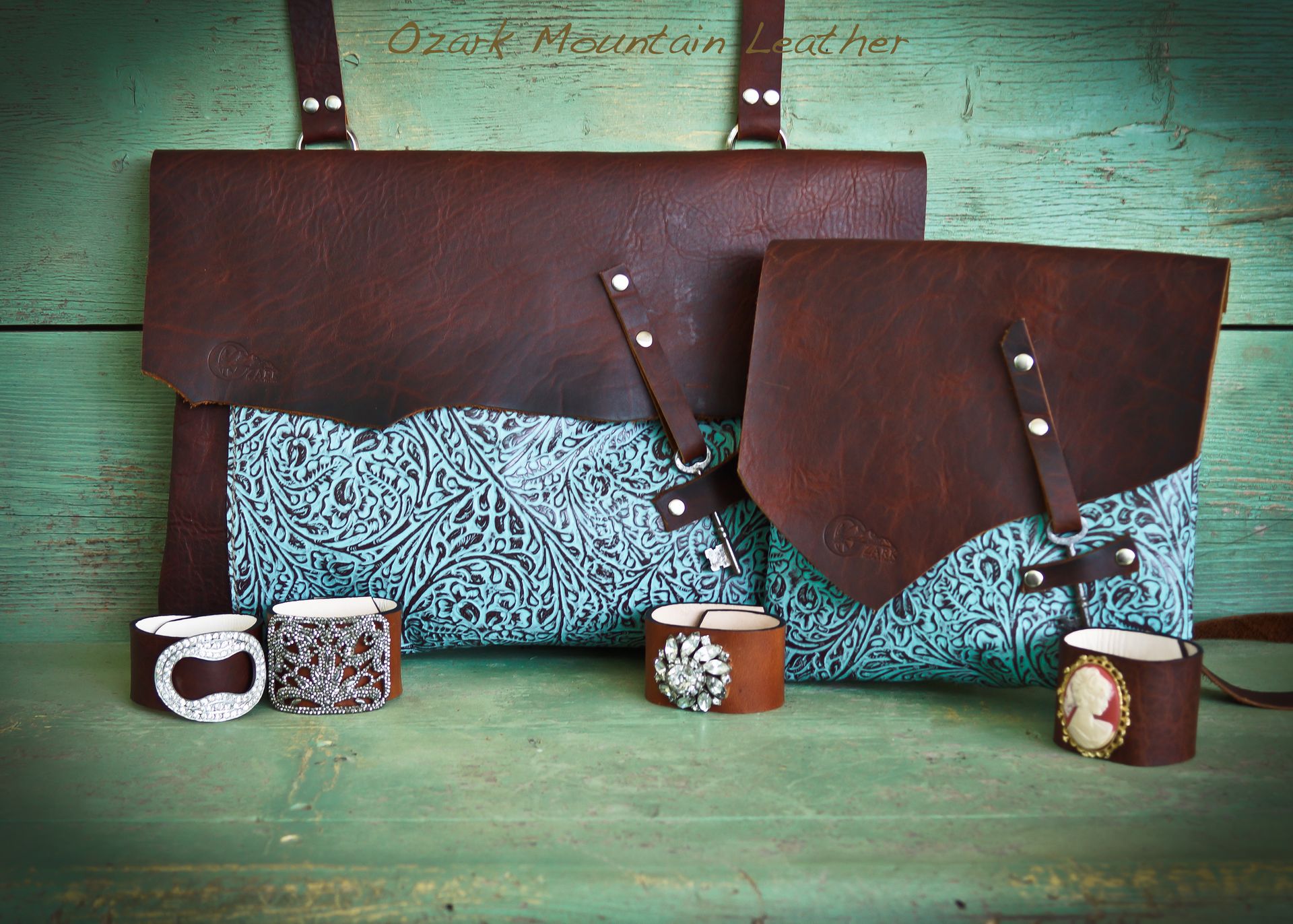 Bison And Turquoise Leather Cross Body Bag With Skeleton Key Closure 4