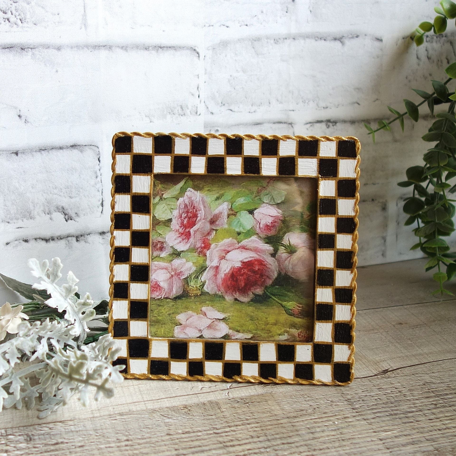 Hand Painted Checks Vintage Frame Courtly Picture Frame Pink Rose Checked Decor 5 