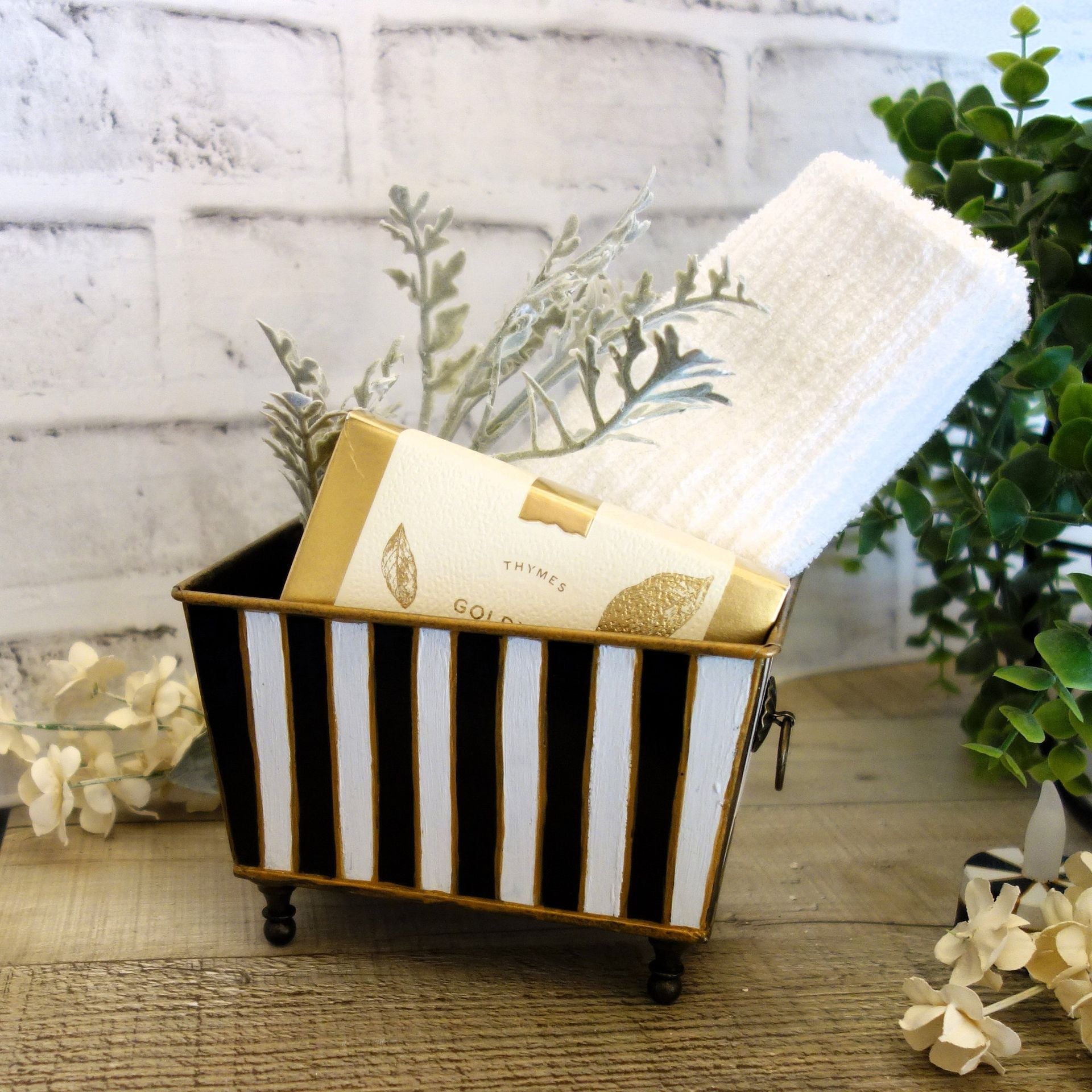 Black White Stripe Small Vanity Organizer Guest Towel Caddy Striped Storage Bin 2 