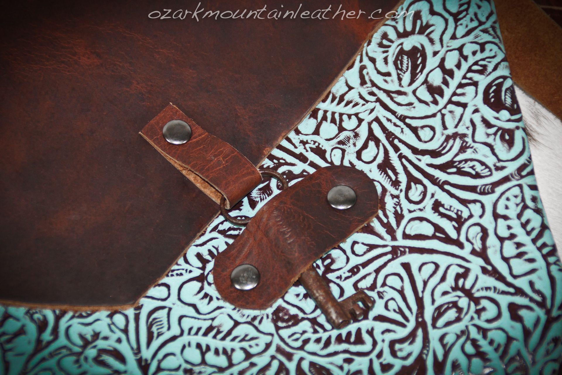 Bison And Turquoise Leather Cross Body Bag With Skeleton Key Closure 3
