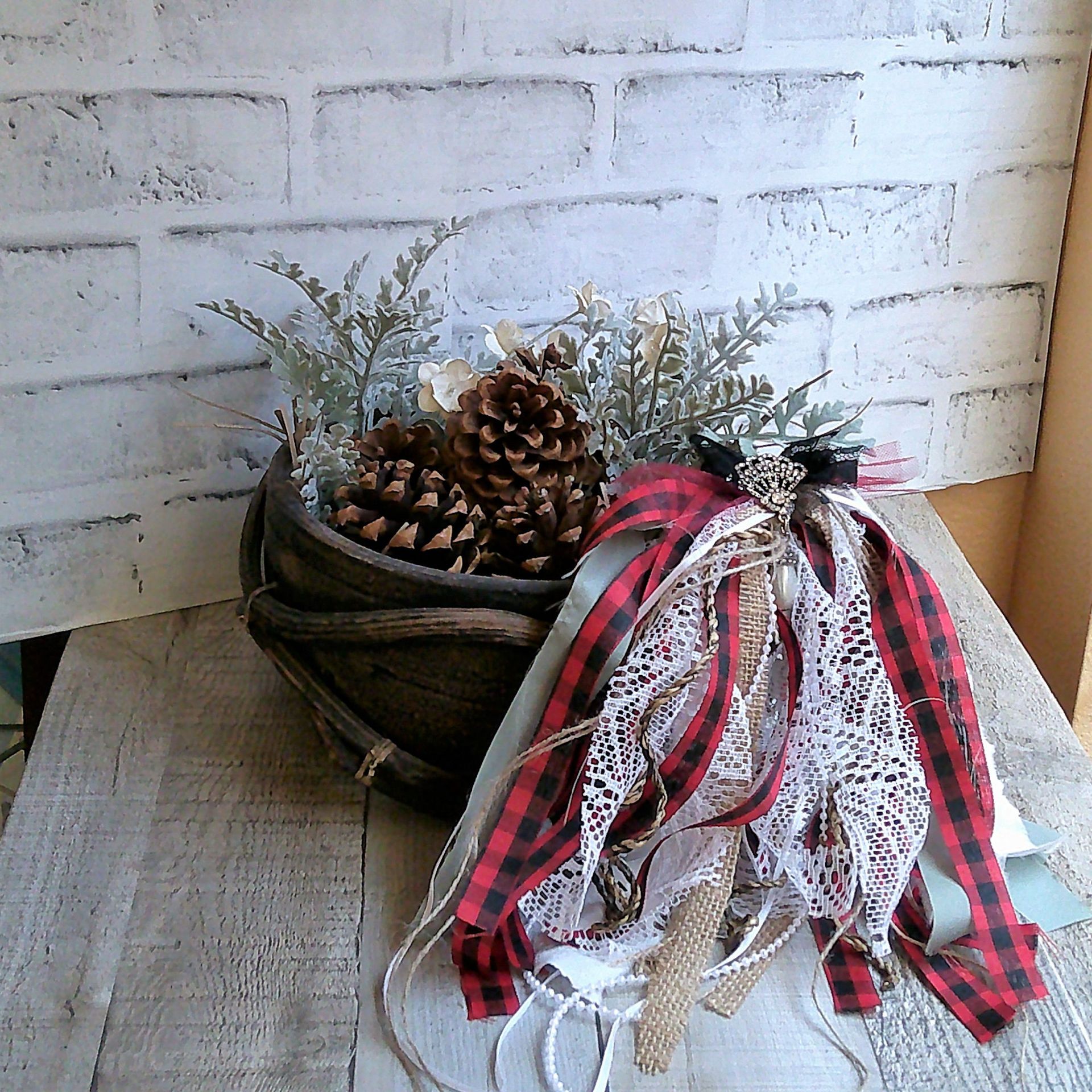 Rustic Bowl Handmade Primitive Bowl Pine Cone Arrangement Woodland Cabin Decor 5 
