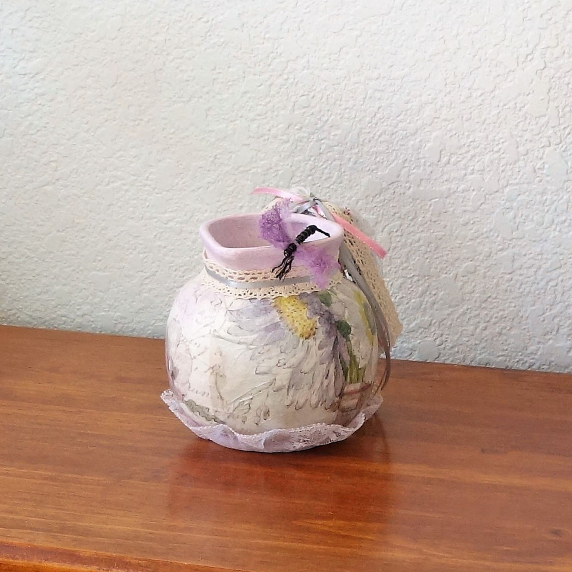 Shabby Chic Dragonfly Decor Lilac Pottery Pitcher 4 