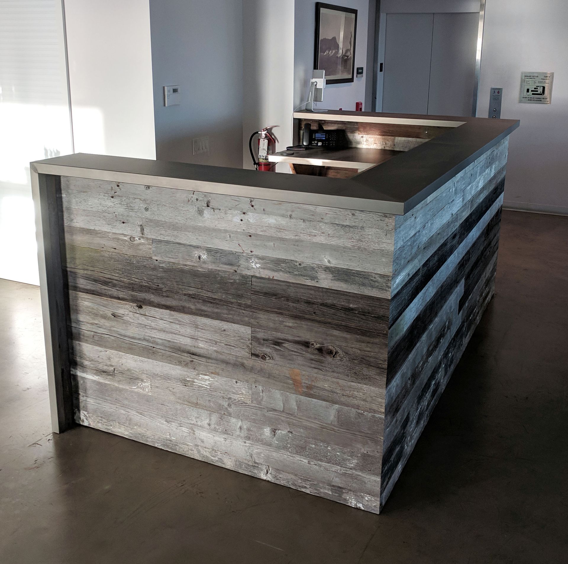 Silvered Reclaimed Barnwood And Stainless Steel Reception Desk 2