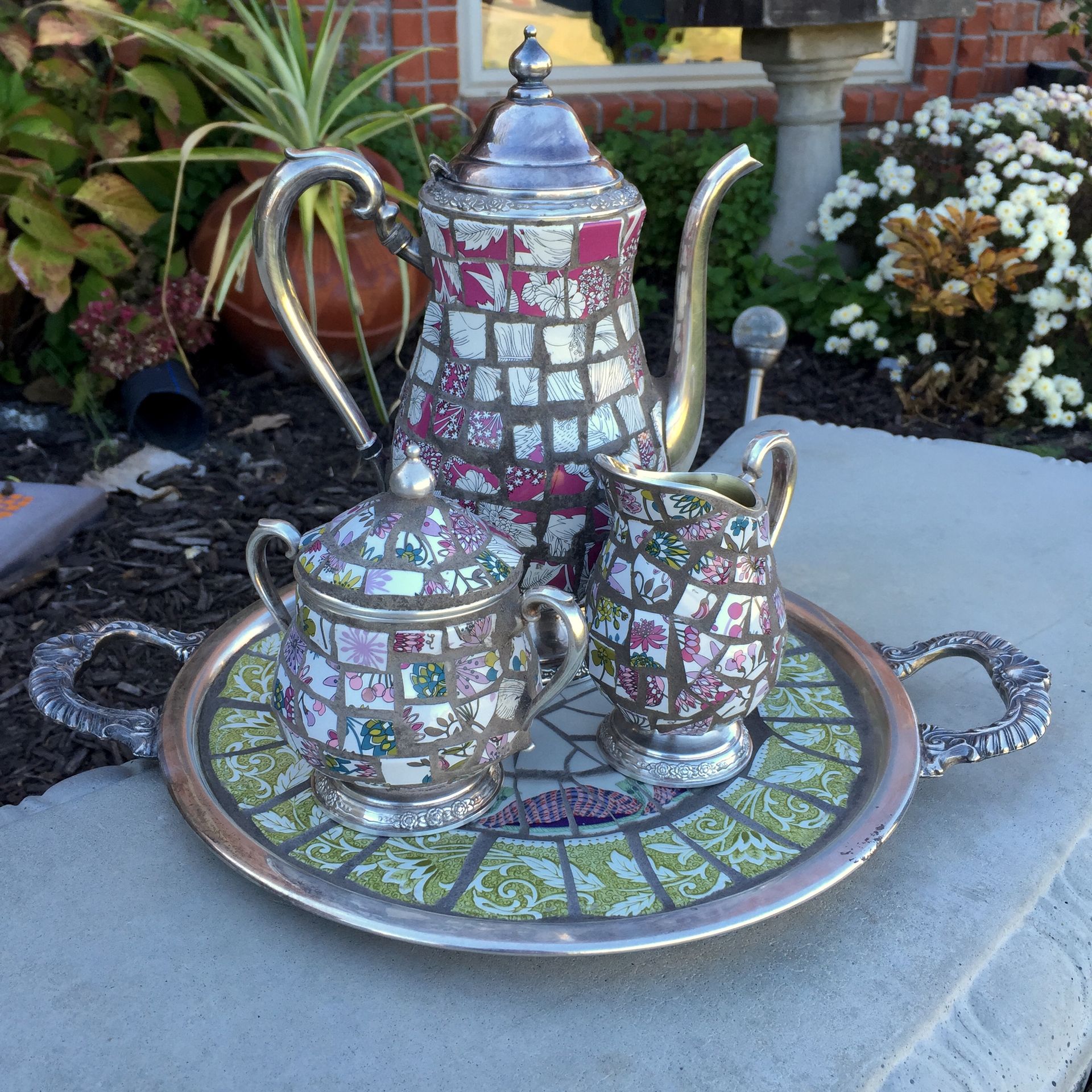 Mosaic Silver Teapot Decorated With Broken China 4 
