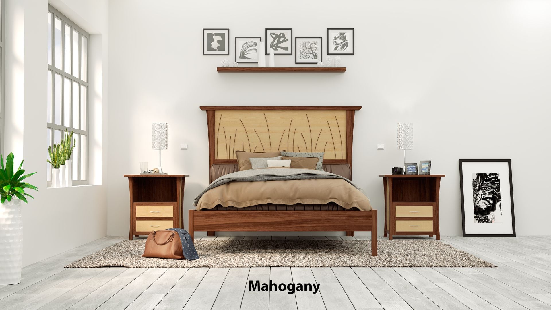 Bed Frame Queen, Headboard, Platform Bed King, Cherry Wood Posts, Maple Panel, "Prairie Platform" 5 