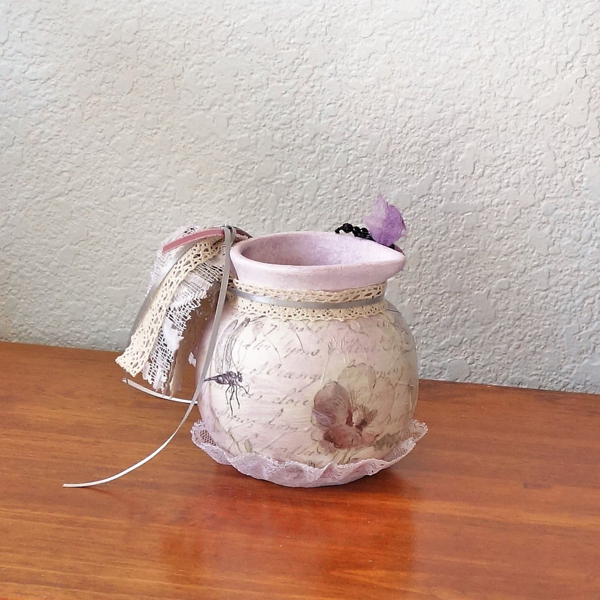 Shabby Chic Dragonfly Decor Lilac Pottery Pitcher 3 