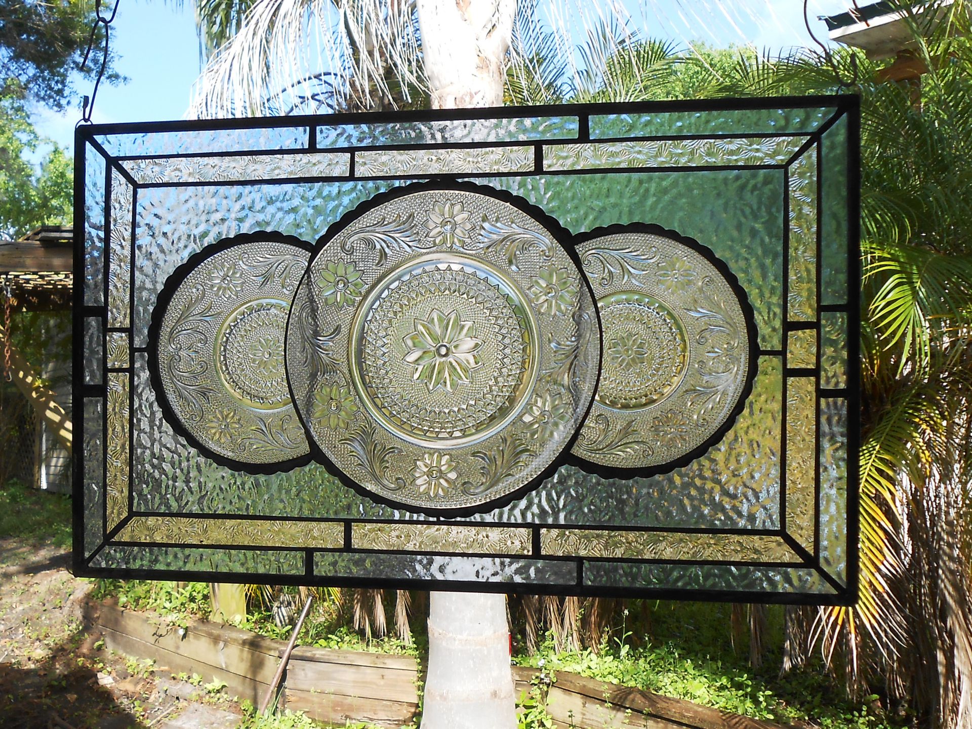 Vintage Look Traditional Stained Glass Transom Window, Tiara Sandwich Glass Plate Panel 12 