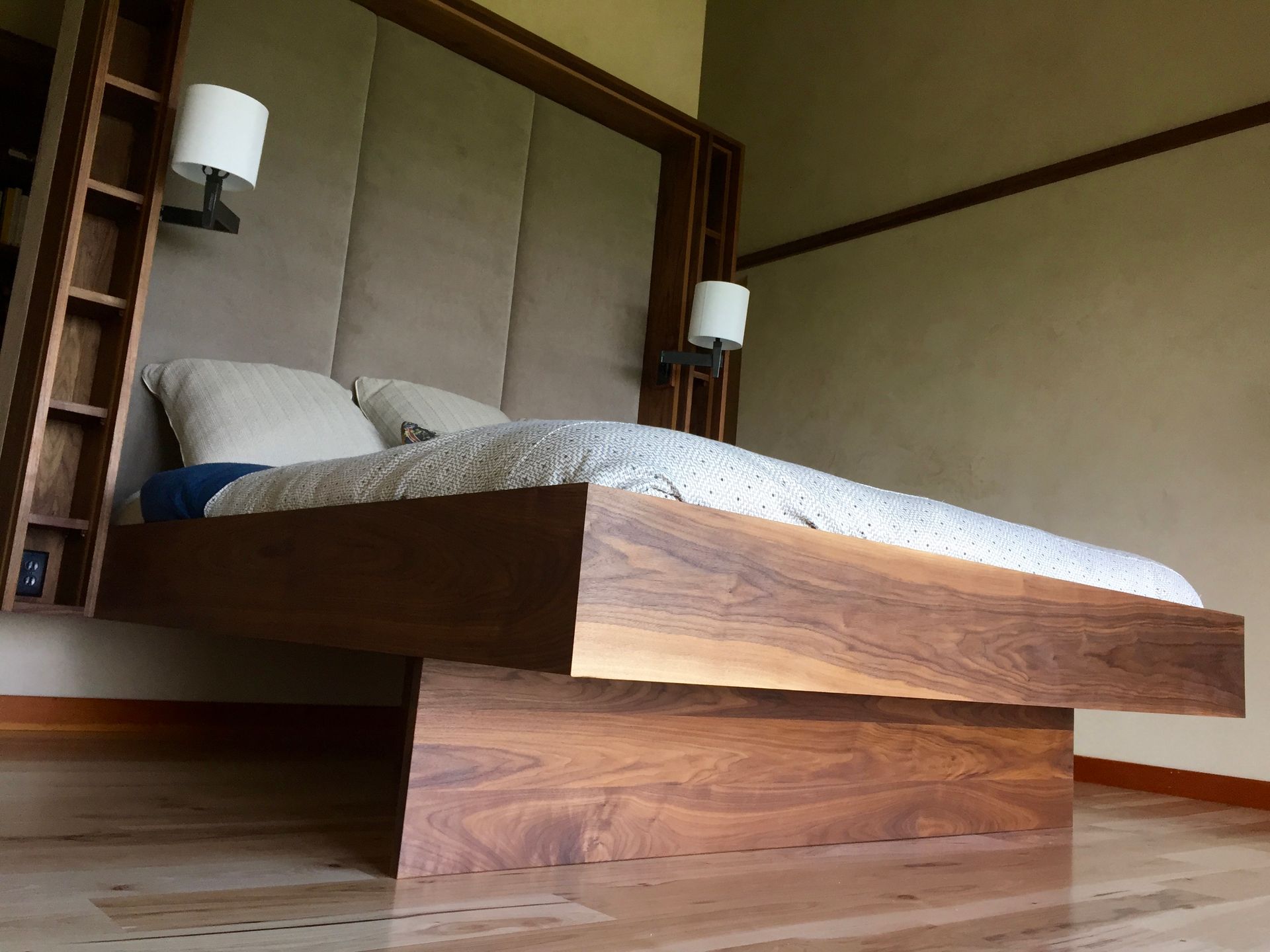 Floating Walnut Bed, Shelving And Upholstered Headboard 3 