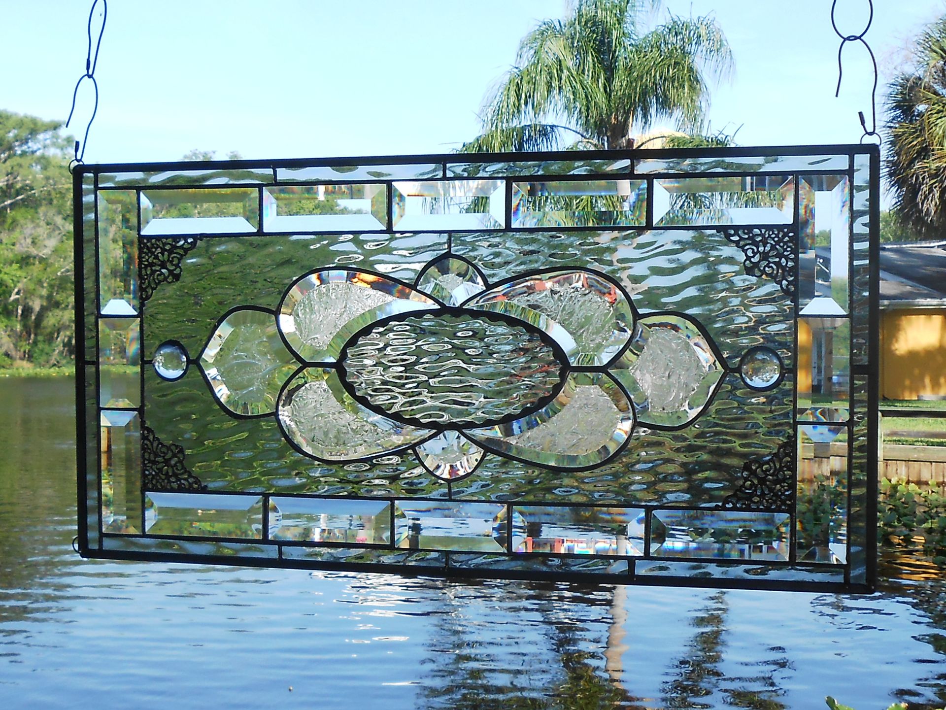 Vintage Look Traditional Stained Glass Transom Window, Tiara Sandwich Glass Plate Panel 9 