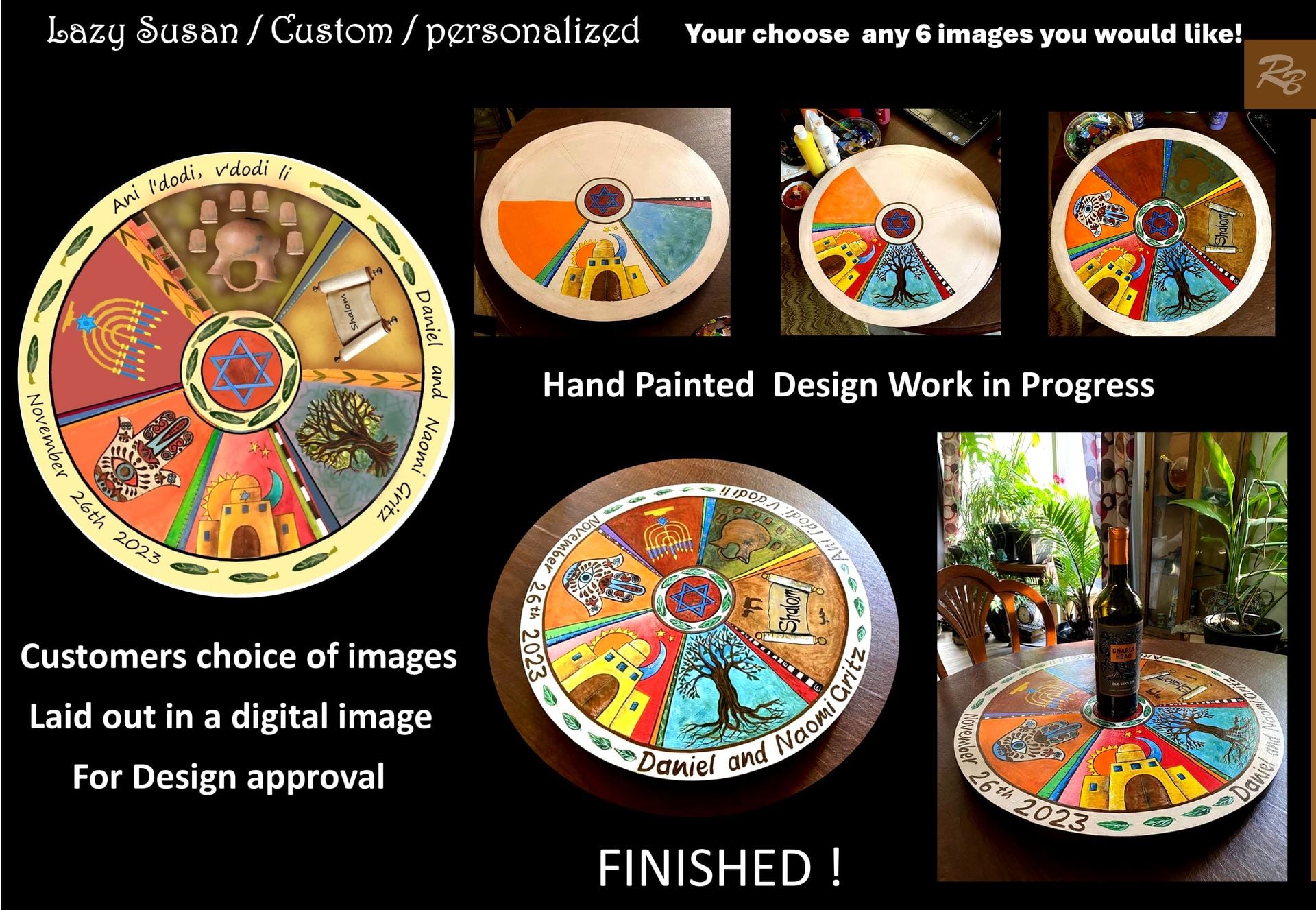 Lazy Susan, Personalized, Hand Painted, Judaism, Hebrew, Italian, Text 609 864-8210 For Information 1 
