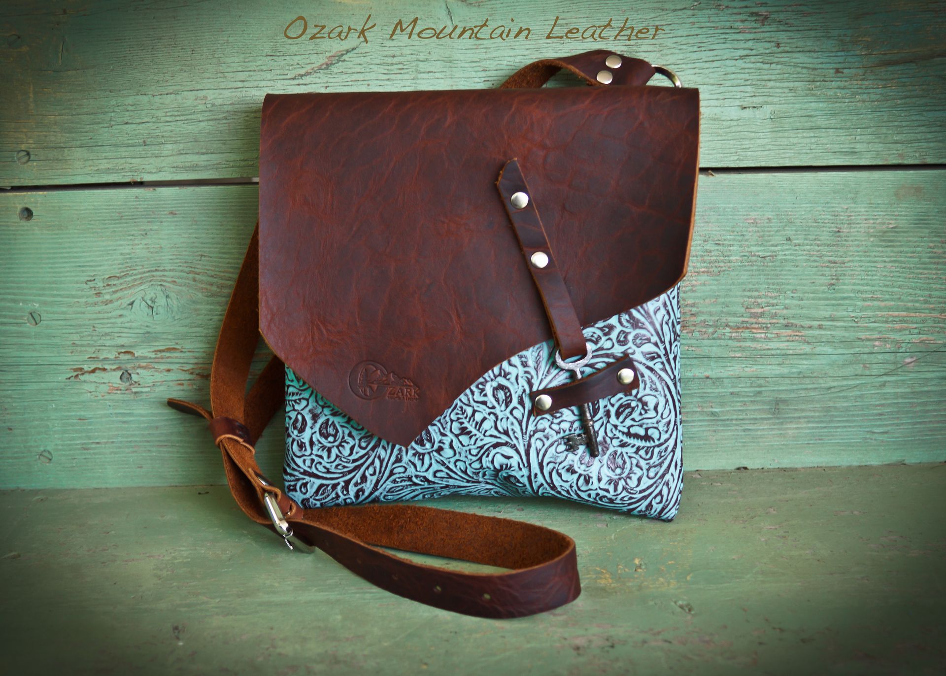 Bison And Turquoise Leather Cross Body Bag With Skeleton Key Closure 1