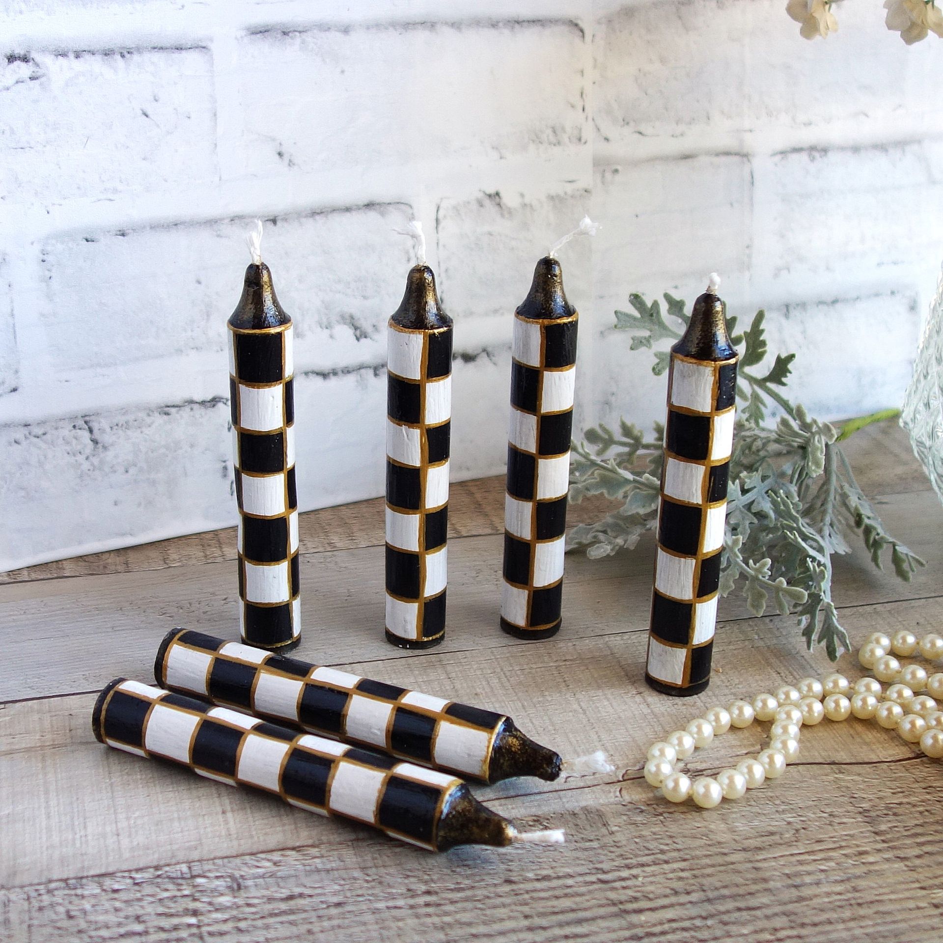 Black And White Checks Candles Set/6 Checkered Candles Buffalo Check Candles 2 